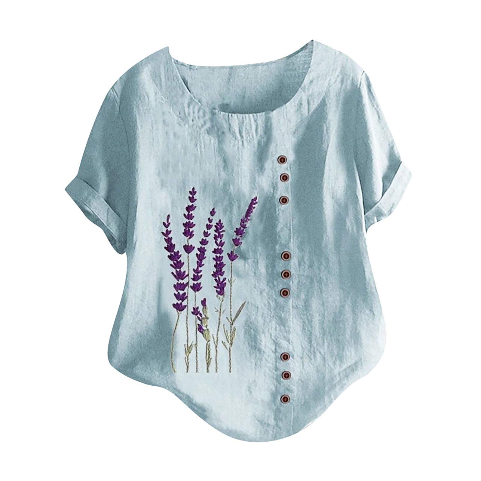 Women's Linen Summer Tops - Loose Fit Casual Lavender Flower Printed Blouse & Tee Shirts | Perfect for Beach Outings, Vacation Wear & Everyday Comfort