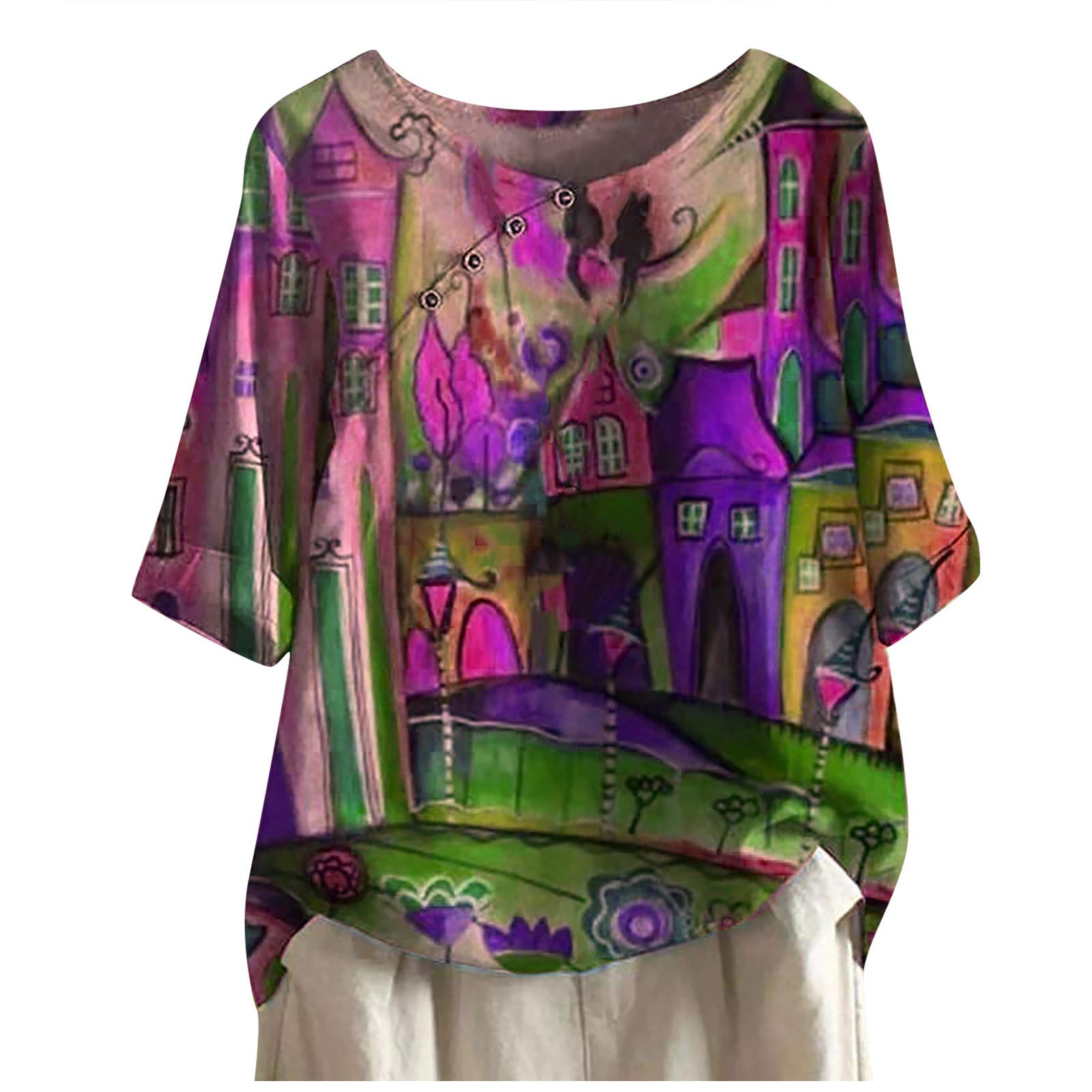 Women's Floral Linen Blouse - Summer Casual Short Sleeve Button Down Tunic Top - Loose Fit Comfortable Shirt for Beach, Office & Date Night