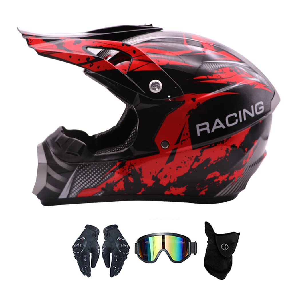 DOT Approved Motocross Helmet - Youth & Adult Unisex Dirt Bike, ATV, Off-Road & Mountain Motorcycle Helmet (Red) - Set of 4 for Racing, Trail Riding & Extreme Sports