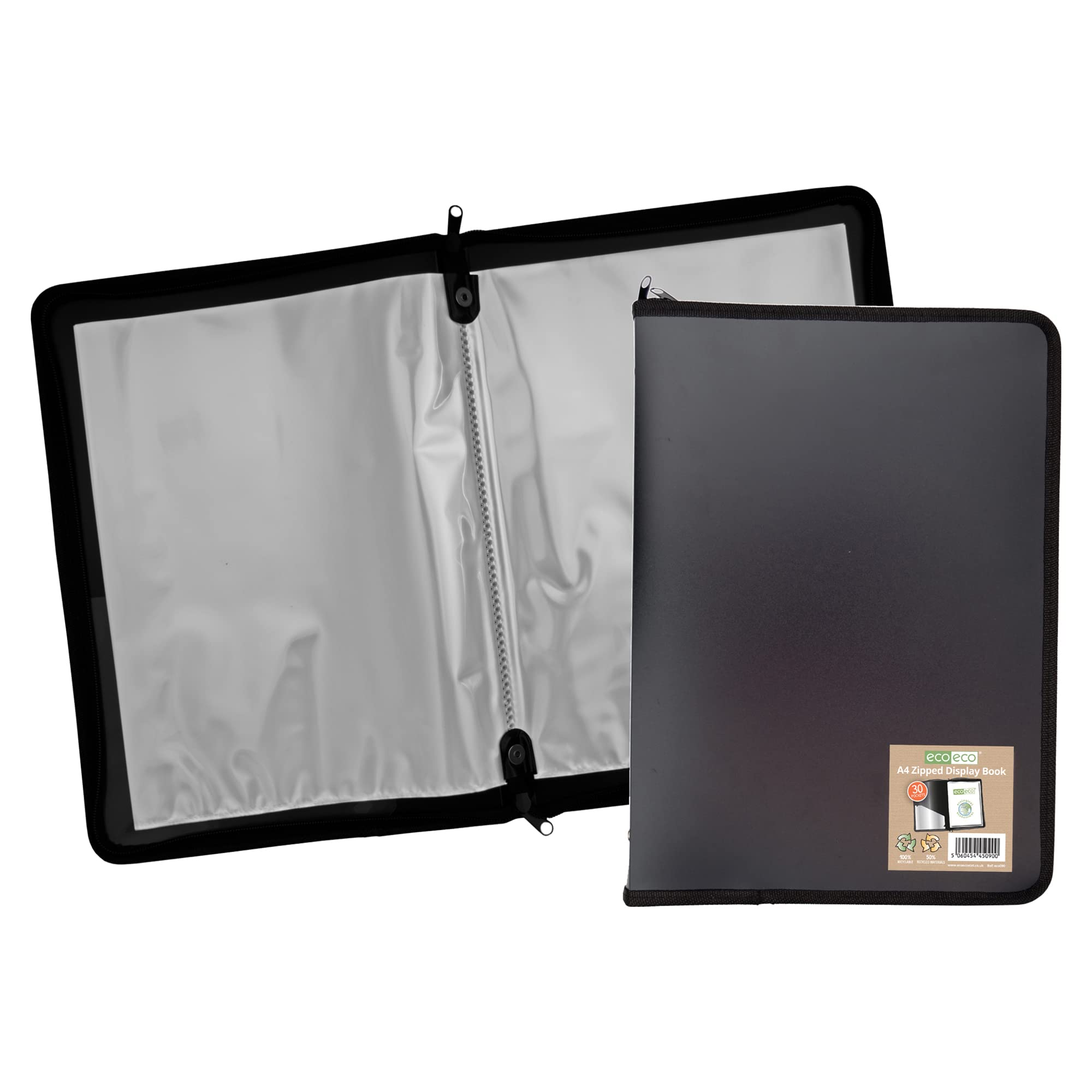 Eco-Friendly A4 50% Recycled 30-Pocket Black Zipper Presentation Binder - File Folder & Artwork Portfolio with Plastic Sleeves (ECO090) - Perfect for Office Documents, School Projects, and Artist Portfolios