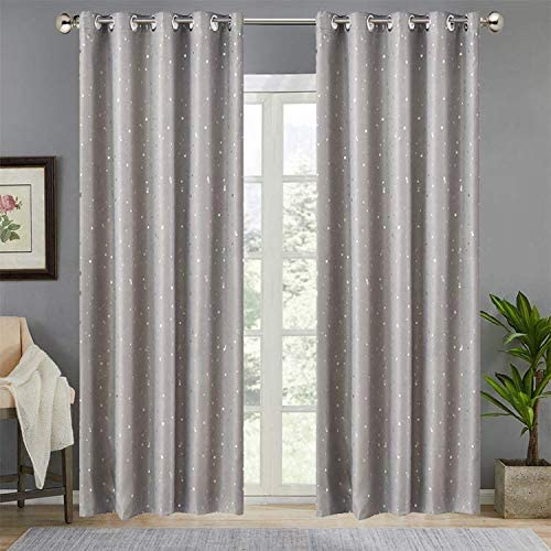 Thermal Insulated Blackout Curtains with Silver Stars Print - Noise Reducing Window Drapes for Bedroom & Nursery - 114 x 96 Inch Grommet Top Gray Curtain Panel (1 Piece) - Perfect for Light Control, Privacy & Energy Efficiency