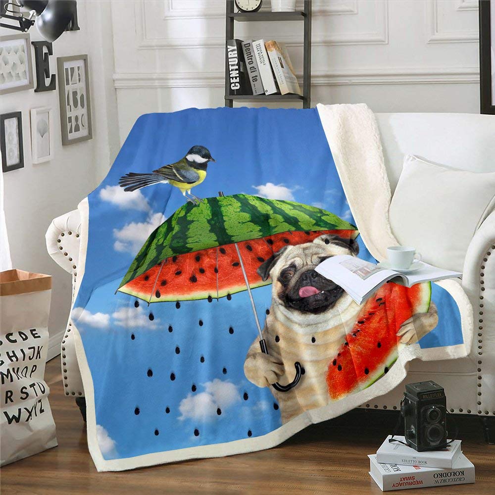 Pug Dog Watermelon Fleece Blanket - Cozy Sherpa Throw for Bed & Sofa