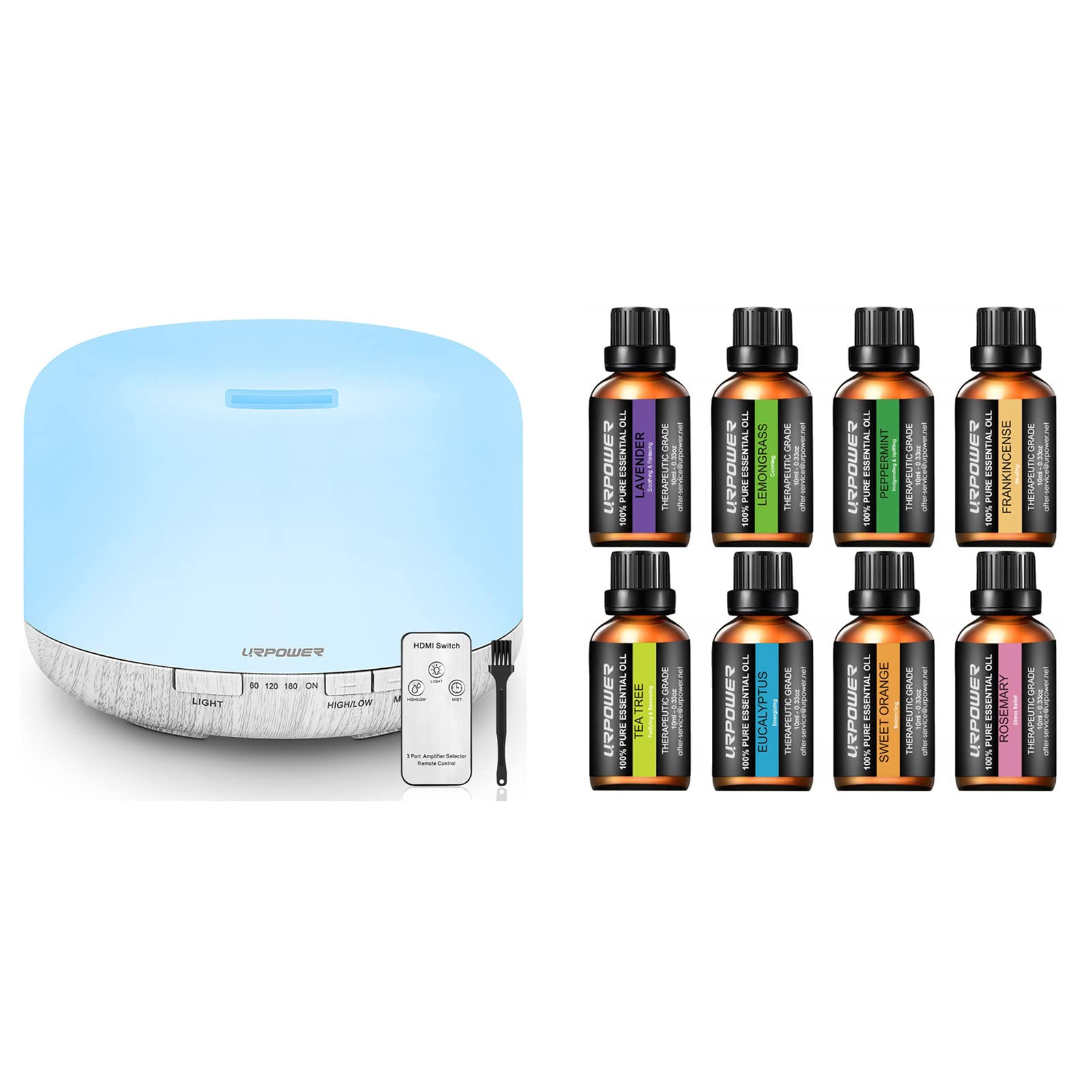 URPOWER 500ml Ultrasonic Essential Oil Diffuser with 8 Pure Aromatherapy Oils Set - Lavender, Peppermint, Tea Tree, Orange, Eucalyptus, Lemongrass, Frankincense & Rosemary for Home, Office, Yoga & Spa Relaxation