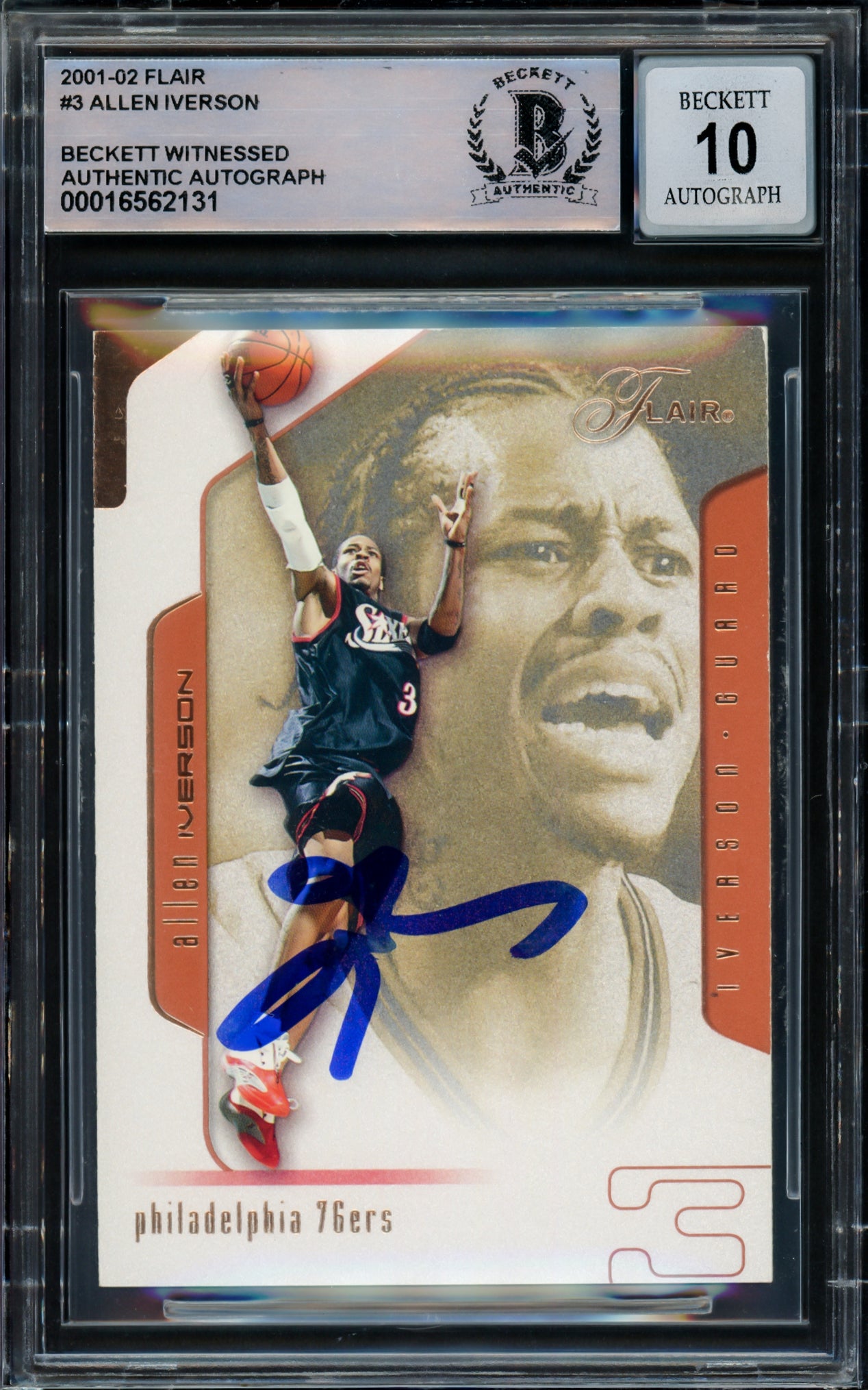 Allen Iverson Autographed 2001-02 Flair Basketball Card #3 - Philadelphia 76ers Beckett BAS Gem Mint 10 Grade - Witnessed #16562131 - Perfect for NBA Memorabilia Collectors & Sports Fans Display