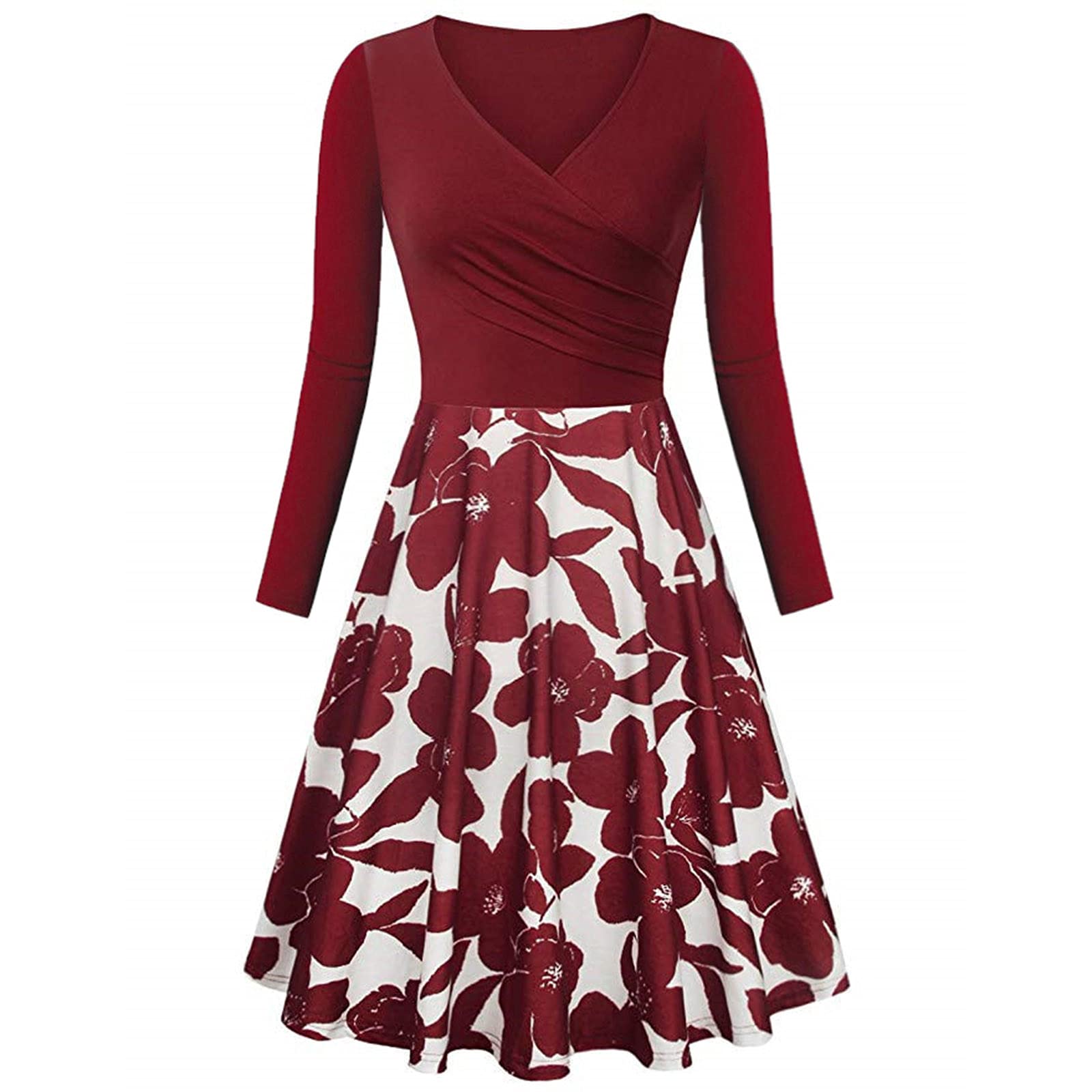 LADIGASU Women's Long Sleeve V-Neck Floral Print A-Line Cocktail Dress | Elegant Midi Swing Dress for Parties, Weddings & Special Occasions