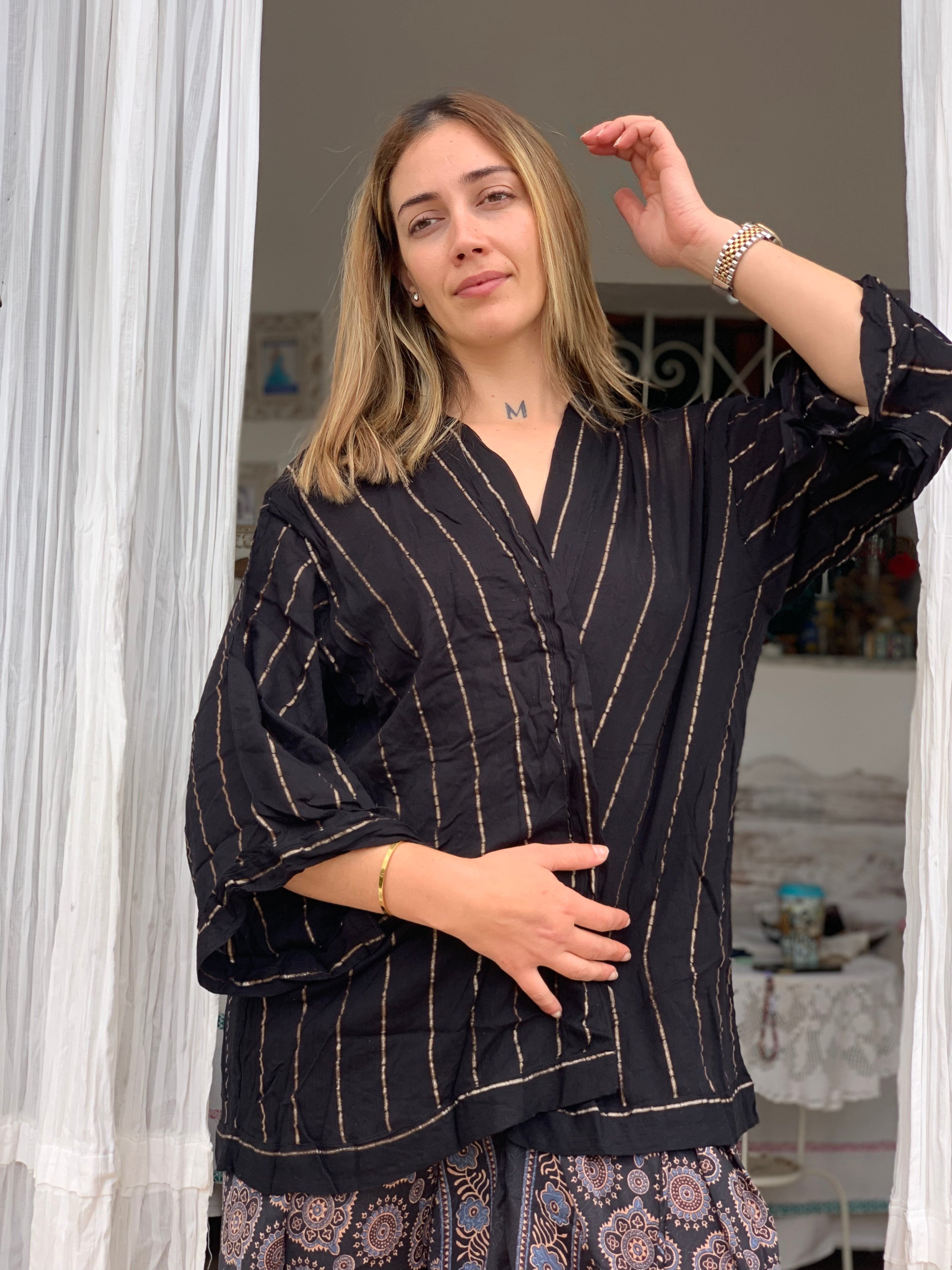 Boho Short Kimono in Black and Gold - Lightweight Cover Up for Beach, Pool, or Festival Outfits