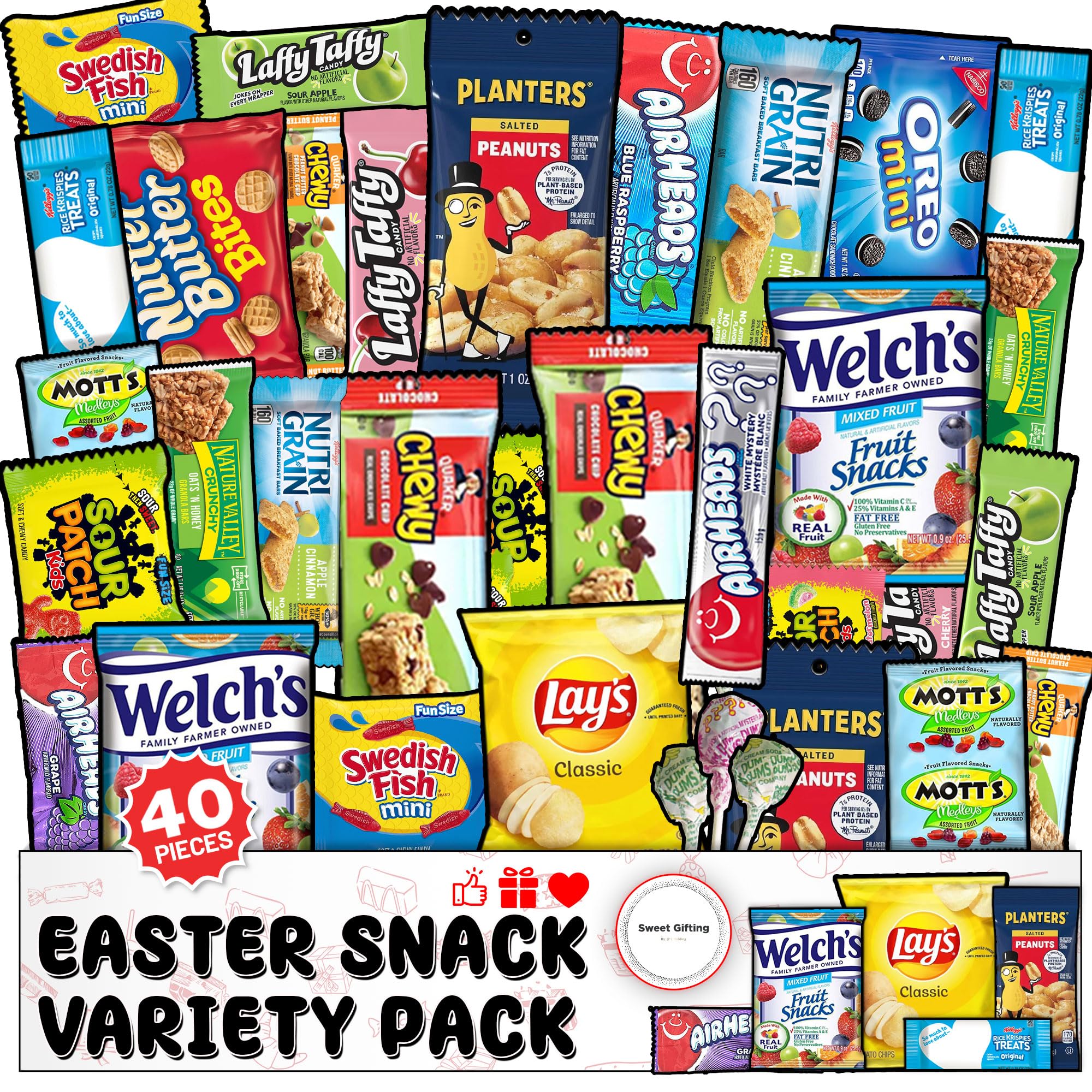 Easter Snack Box Variety Pack - 40 Count Assorted Sweet & Savory Treats for Adults, Kids, College Students | Perfect for Easter Gifts, Office Snacks, Birthday Party Favors & Back to School Care Packages