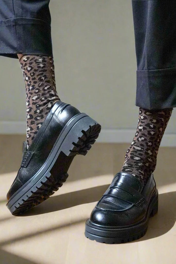KLUE Glitter Lurex Socks - Leopard Print Brown Fashion Socks for Women | Party, Holiday & Everyday Wear