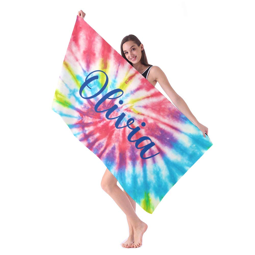 Custom Personalized Beach Towels with Name - Quick Dry Absorbent Tie Dye Microfiber Sand Proof Pool Bath Towel 30x60 Inch for Kids, Girls, Boys & Adults - Perfect for Beach, Pool, Yoga, Travel & Outdoor Activities