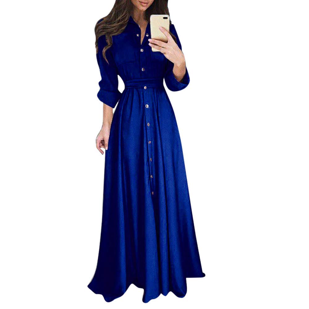 Elegant Women's Long Sleeve Button Down Maxi Dress with Sash Belt - Perfect for Office, Wedding & Special Occasions