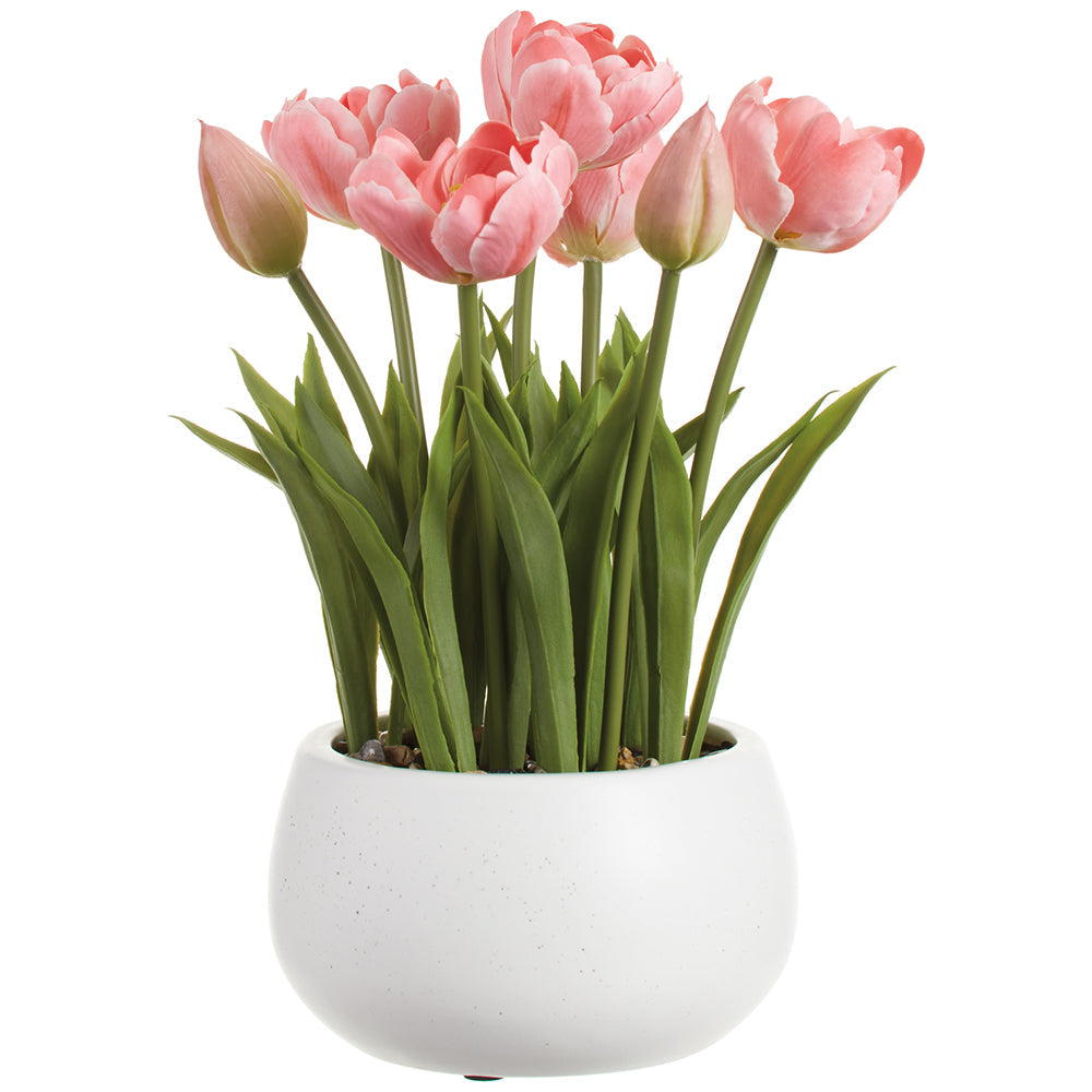 11 Tulip Silk Flower Arrangement with Ceramic Vase - Pink (Pack of 6) | Elegant Home Decor for Living Room, Wedding Centerpiece & Office Desk