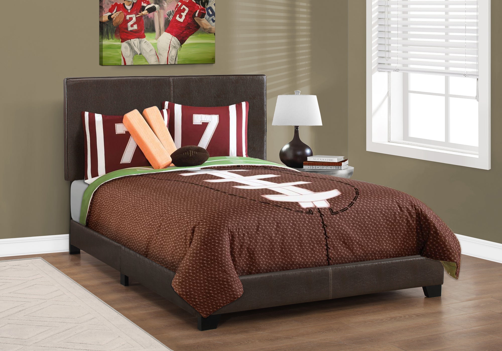 Full Size Bed Frame - Dark Brown Faux Leather Upholstered Headboard - Modern Bedroom Furniture for Small Spaces & Guest Rooms