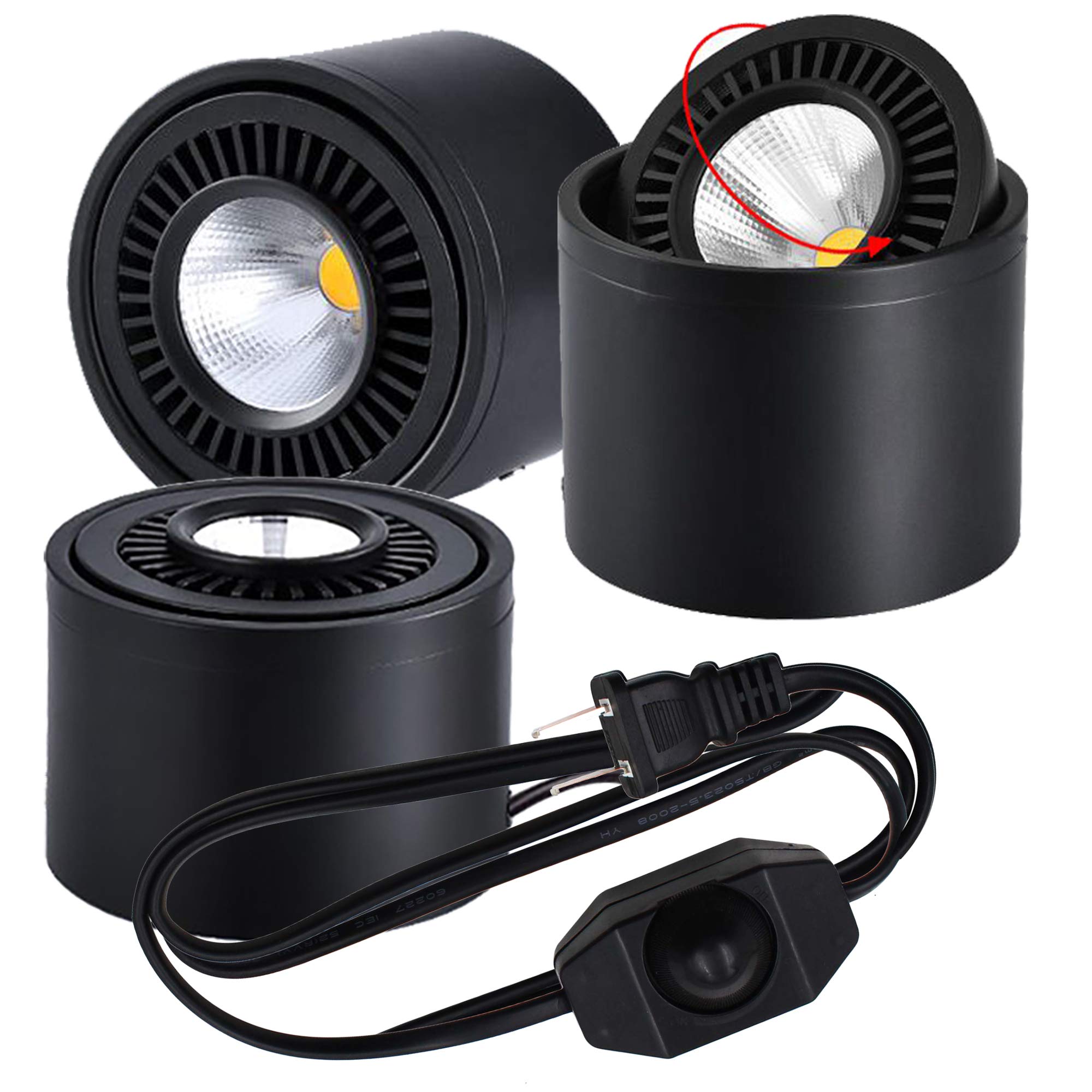 Dimmable 7W COB LED Uplight Spotlight - 3 Pack Black Barrel Accent Lights with 5.9ft Dimmer Cord for Wall Decor, Home Theater & Art Gallery Lighting | Rotatable Design for Perfect Ambient Lighting