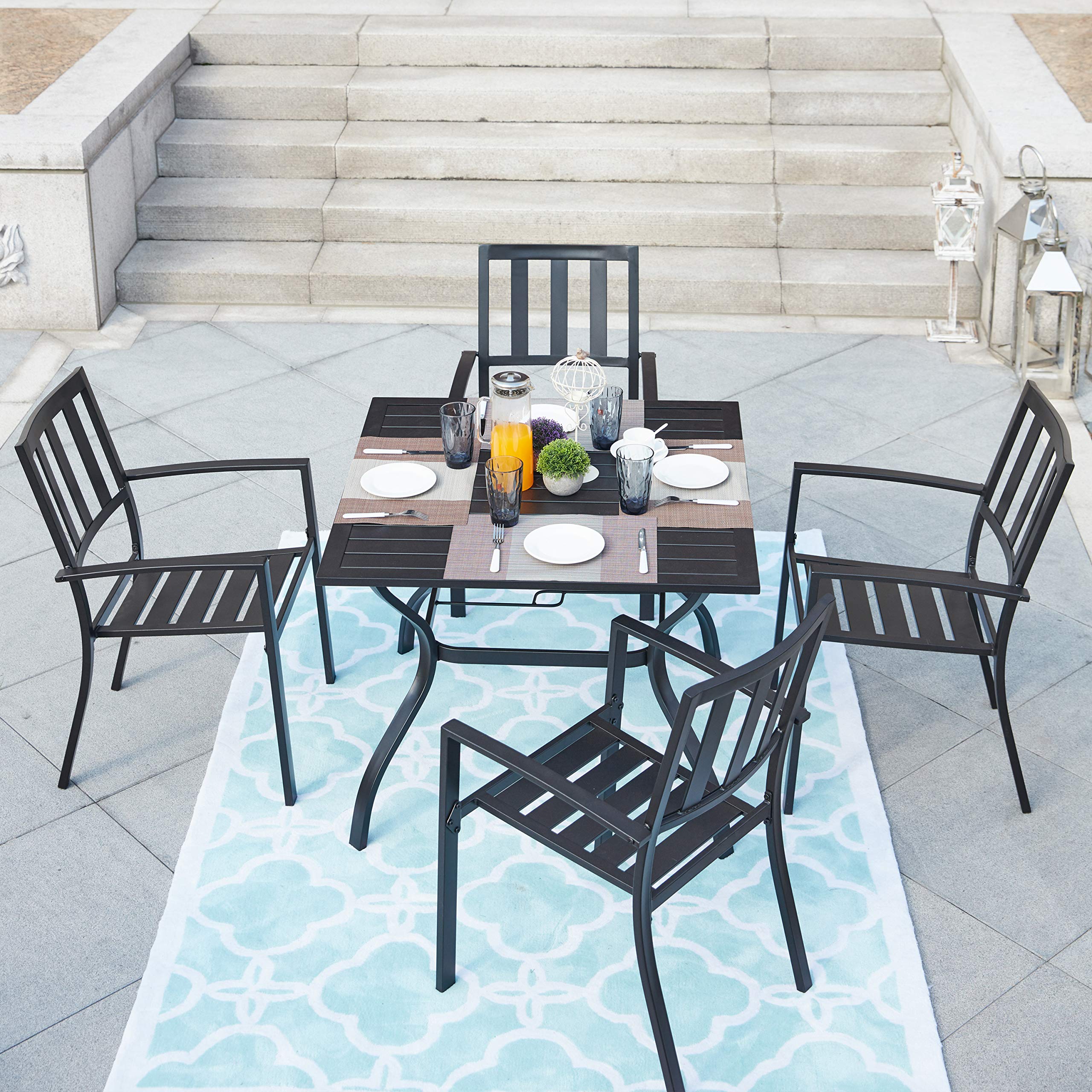 LOKATSE HOME 5-Piece Outdoor Patio Dining Set - Metal Arm Chairs & Square Table with Umbrella Hole - Perfect for Backyard, Garden, Poolside & Balcony Relaxation