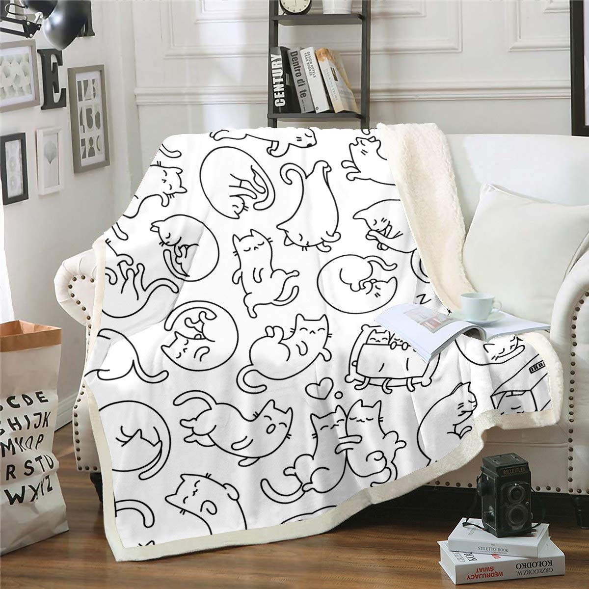 Feelyou Cat Fleece Throw Blanket - 60x80 Inch Sherpa Plush Blanket with Hand-Painted Cat Pattern for Kids, Boys & Girls - Soft Fuzzy Blanket for Sofa, Bed, Couch & Twin Size - Perfect for Cozy Nights, Pet Snuggles & Winter Warmth