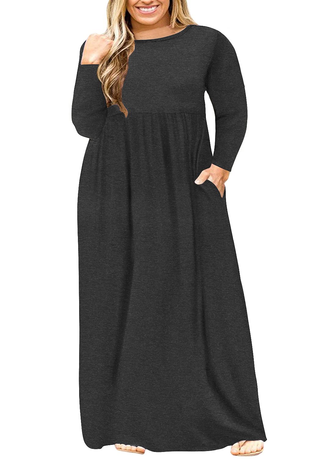 BISHUIGE Plus Size Maxi Dresses for Women XL-6XL, Long Sleeve Casual Pocket Dress - Perfect for Fall, Winter, Office Wear & Special Occasions