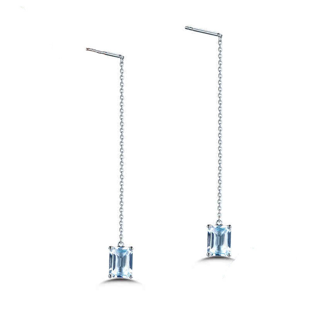 14k White Gold Aquamarine Threader Drop Earrings for Women - Emerald Cut Blue Gemstone Dangle Earrings with Long Chain | Perfect for Weddings, Parties & Special Occasions