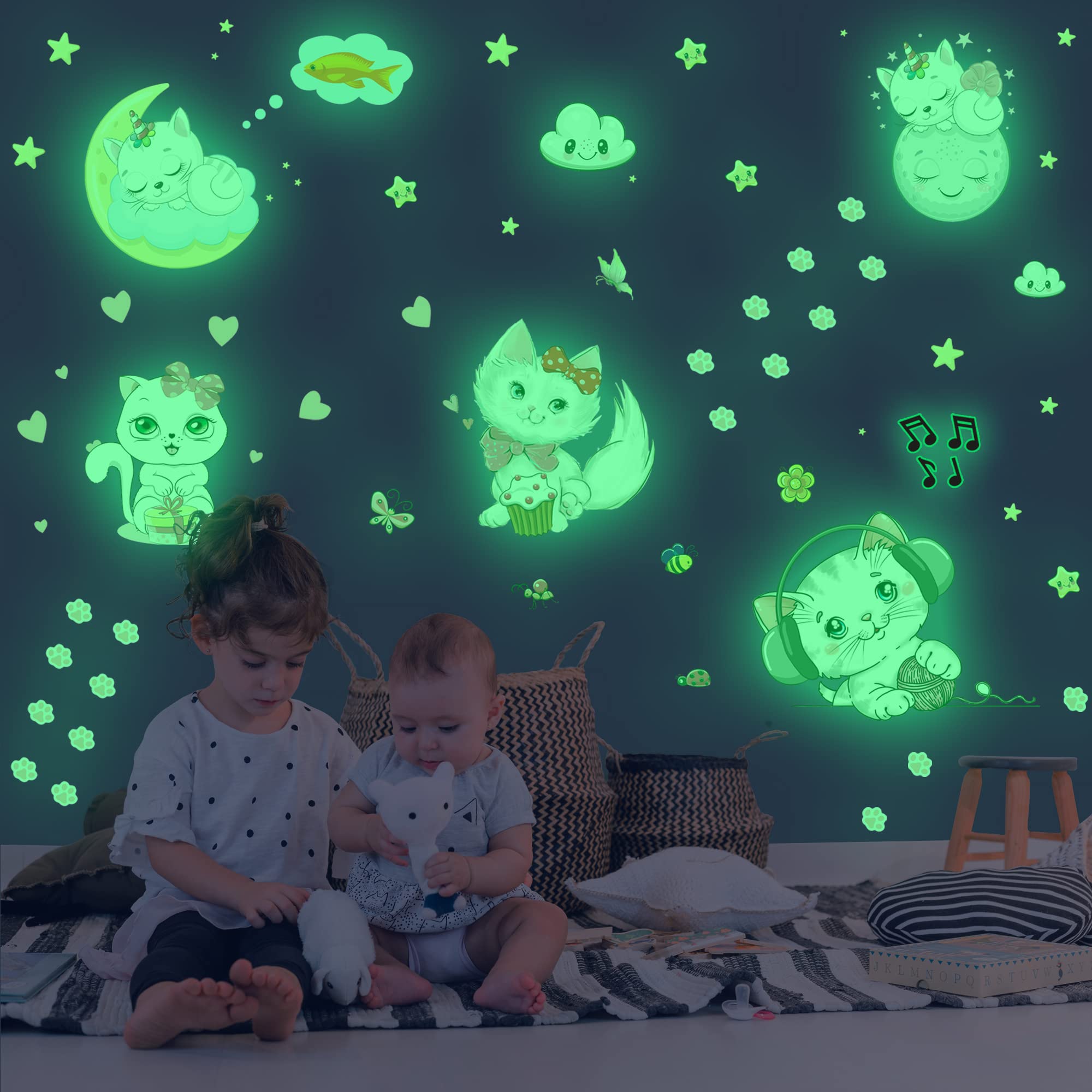 Glow in The Dark Stars Wall Stickers for Kids Room - Cat, Butterfly, Cloud & Bee Luminous Decals for Ceiling & Walls - Perfect for Boys & Girls Bedroom, Nursery & Playroom Decor