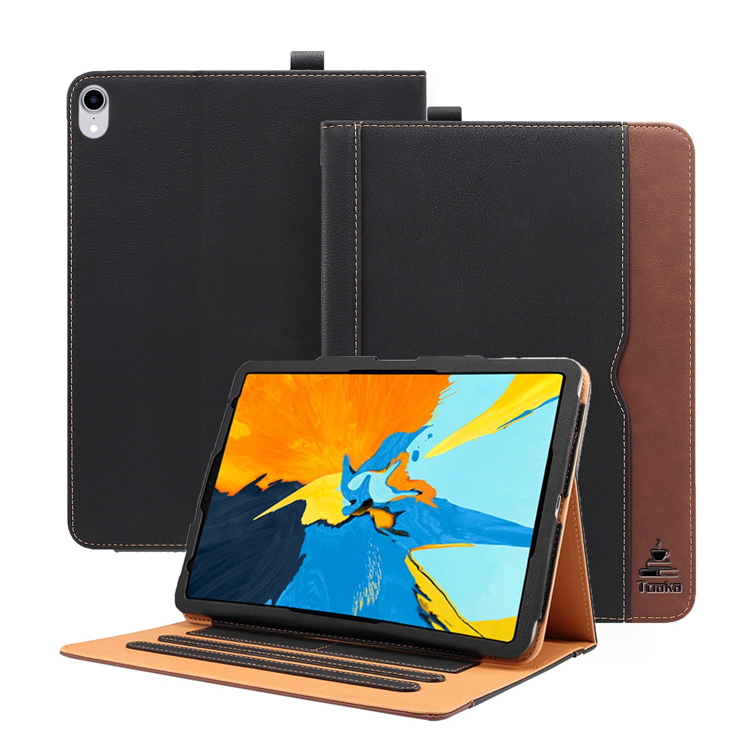 TOAKA Premium Leather iPad Air 4 Case (2020 10.9 Inch) - Smart Folio Cover with Auto Sleep/Wake, Document Pockets & Card Slots, Multiple Viewing Angles - Perfect for Work, Travel & Home Use (Black & Brown)