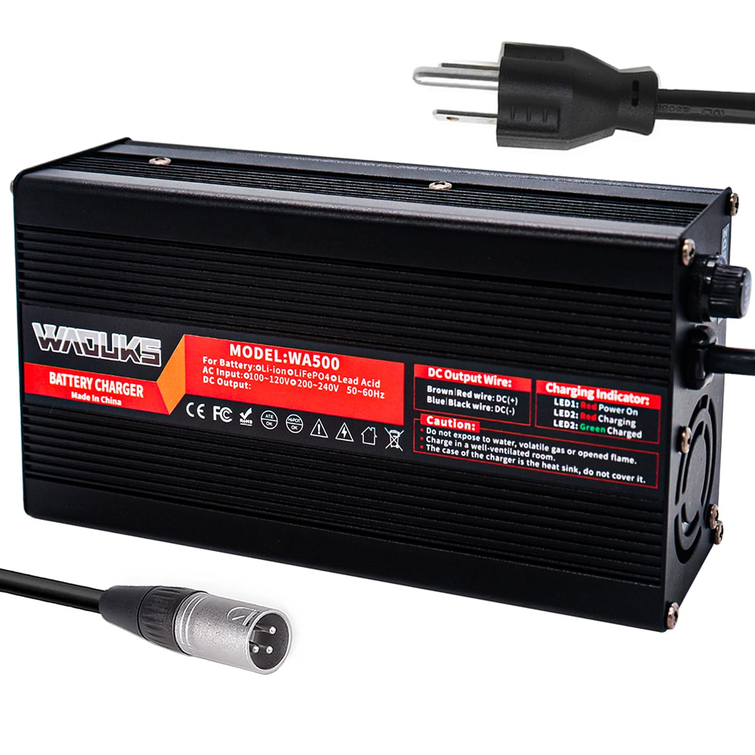 WAOUKS 54.6V 6A Smart Charger for 13S 48V Lithium Battery Packs - Aluminum Case with Cooling Fan | Fast Charging for Ebikes, Scooters & Electric Vehicles | Perfect for Home, Workshop & Outdoor Use
