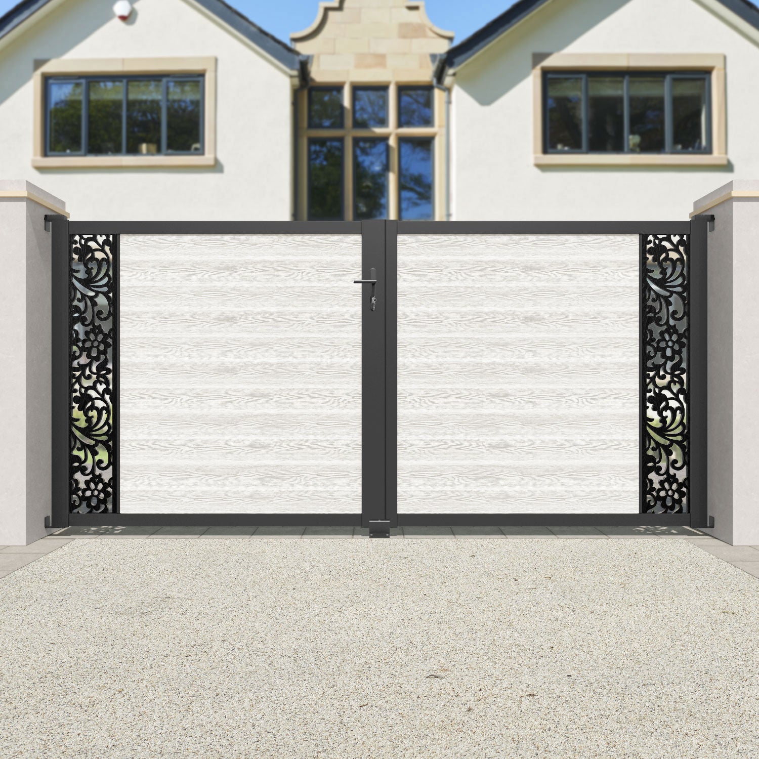 Classic Eden Straight Top Driveway Gate - Light Stone Finish - Durable Outdoor Driveway Entrance with End Screen - Perfect for Home Security, Garden Access, and Property Enhancement