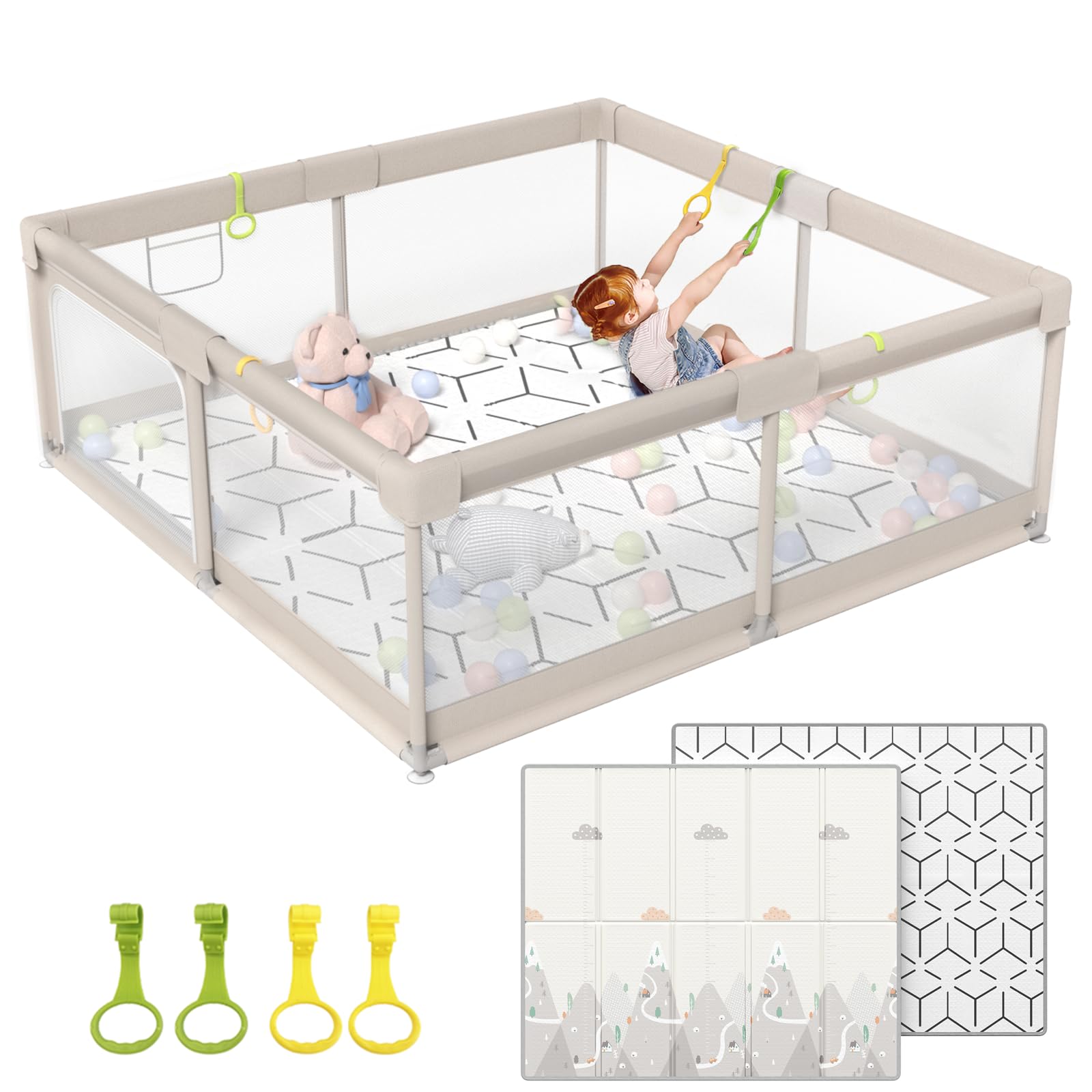 ZEEBABA Extra Large Baby Playpen with Soft Mat - 59x59x27 Inch Safety Play Yard for Babies & Toddlers | Indoor/Outdoor Play Area, Baby Proofing, Playtime Supervision & Mommy's Break Time