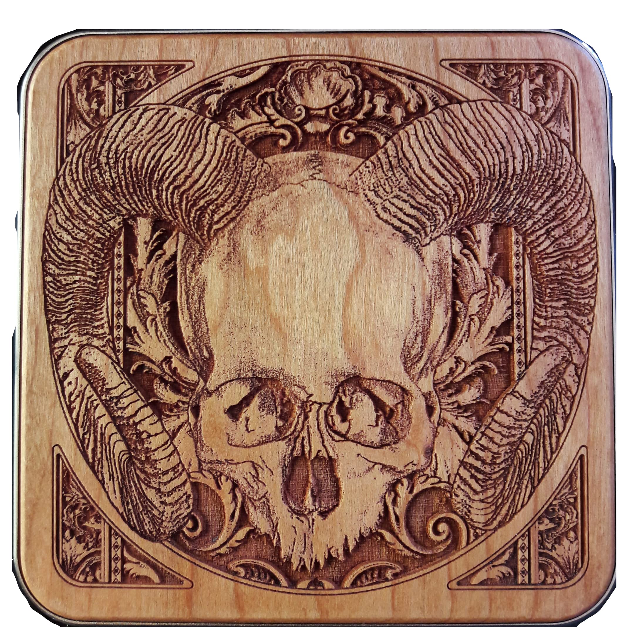 15W Fast Qi Wireless Charger - Laser Engraved Ram Skull Design on Cherry Wood with Black Aluminum Base | Compatible with iPhone 16, Galaxy S25, S24 Ultra | Gothic Dark Art Desk Decor for Home & Office | Perfect Gift for Tech Lovers & Gothic Style Enthusiasts