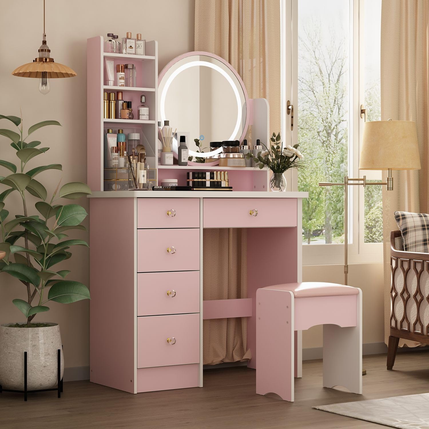 MOUMON Pink Vanity Desk with LED Lights, Mirror, Drawers & Shelves - Crystal Handles & Cushion Stool Included | Perfect for Makeup, Skincare & Dressing Room Organization