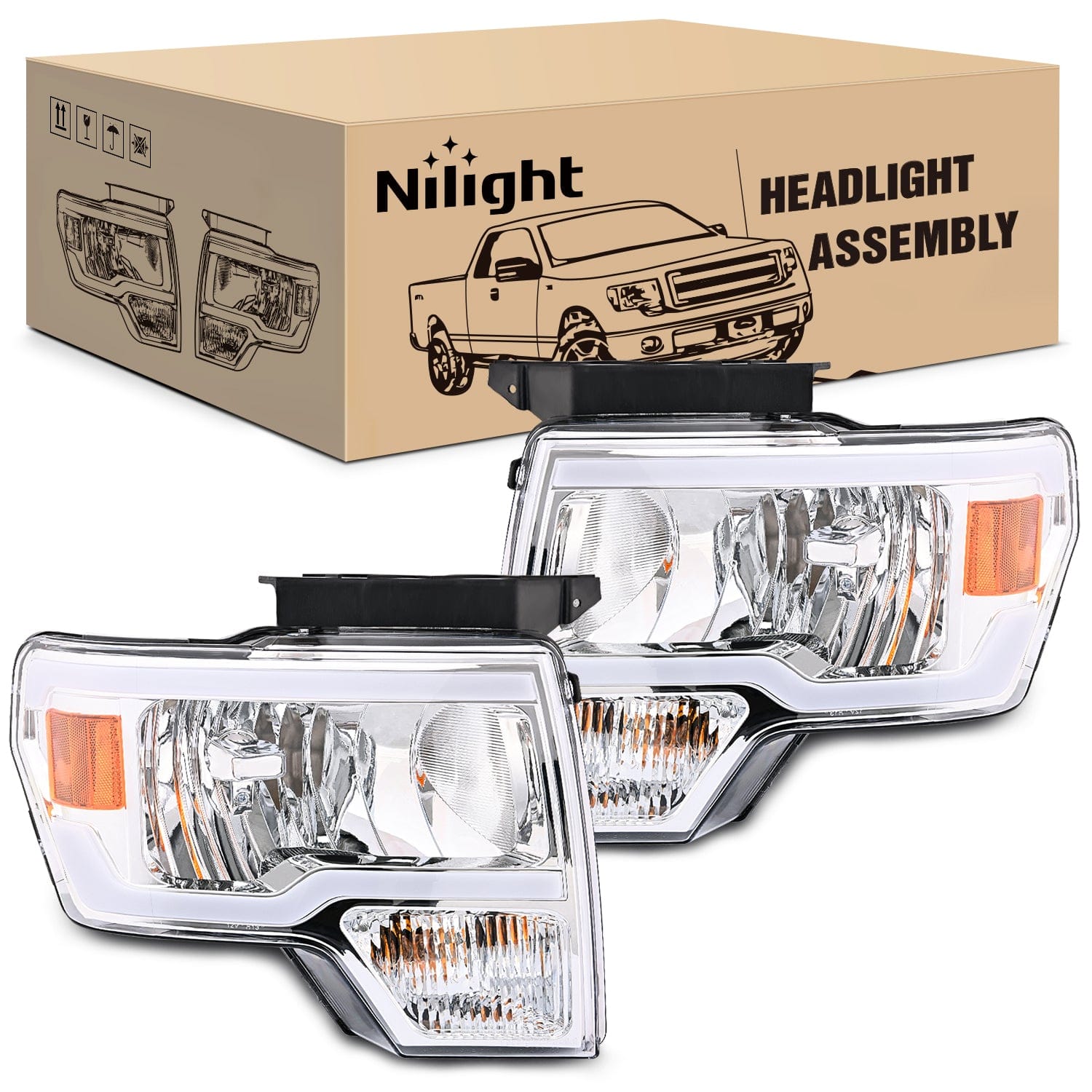 2009-2014 Ford F150 Headlight Assembly - Chrome Housing, Clear Reflector & Lens - Perfect for Night Driving & Off-Road Adventures