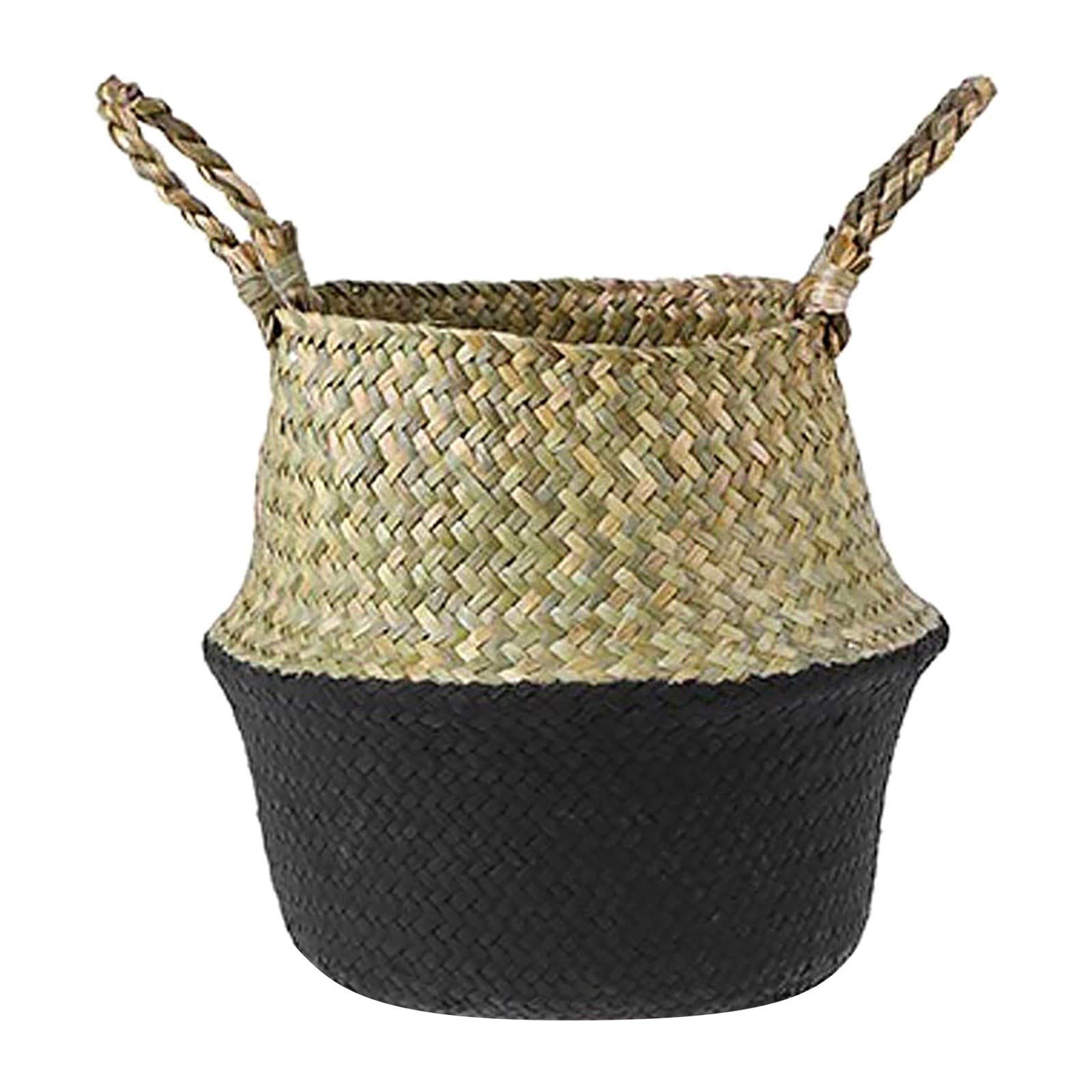 Seagrass Wicker Basket - Foldable Storage Bin for Flowers, Laundry & Home Decor | Eco-Friendly Handwoven Organizer for Bathroom, Bedroom & Living Room (Black, One Size)