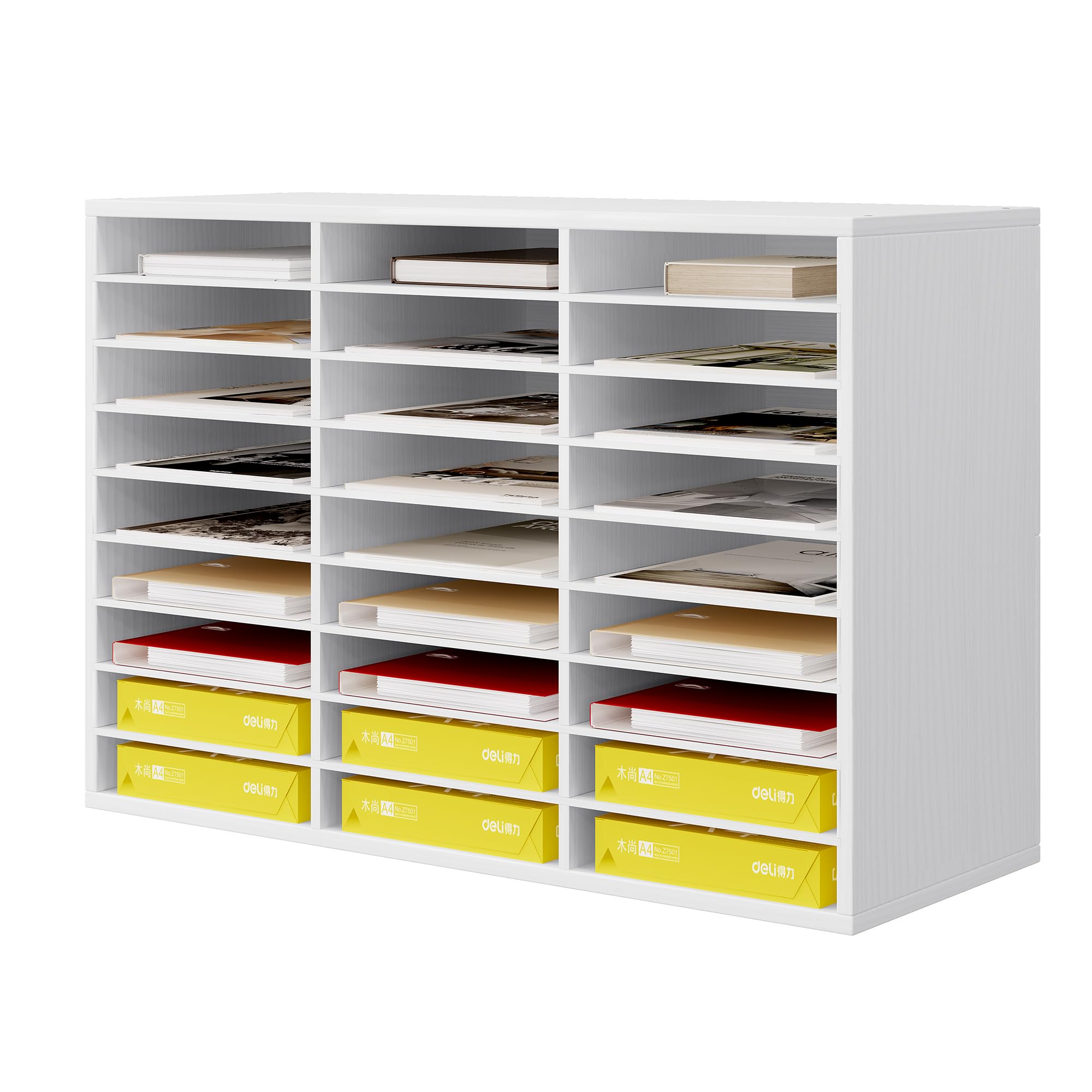 27-Slot Wooden Paper File Organizer for Desk - Large Mail Sorter & Office Supplies Organizer - Perfect for Classroom, Home & Office Workspace (White)