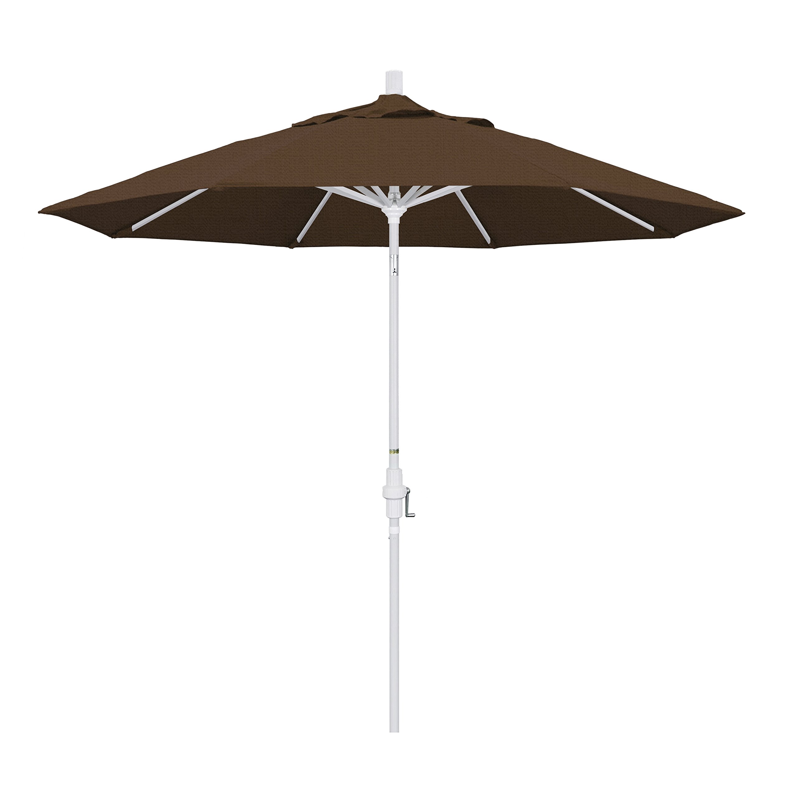 9' Round Aluminum Market Umbrella with Crank Lift & Tilt - White Pole & Teak Olefin Canopy for Patio, Garden, Poolside, and Outdoor Dining