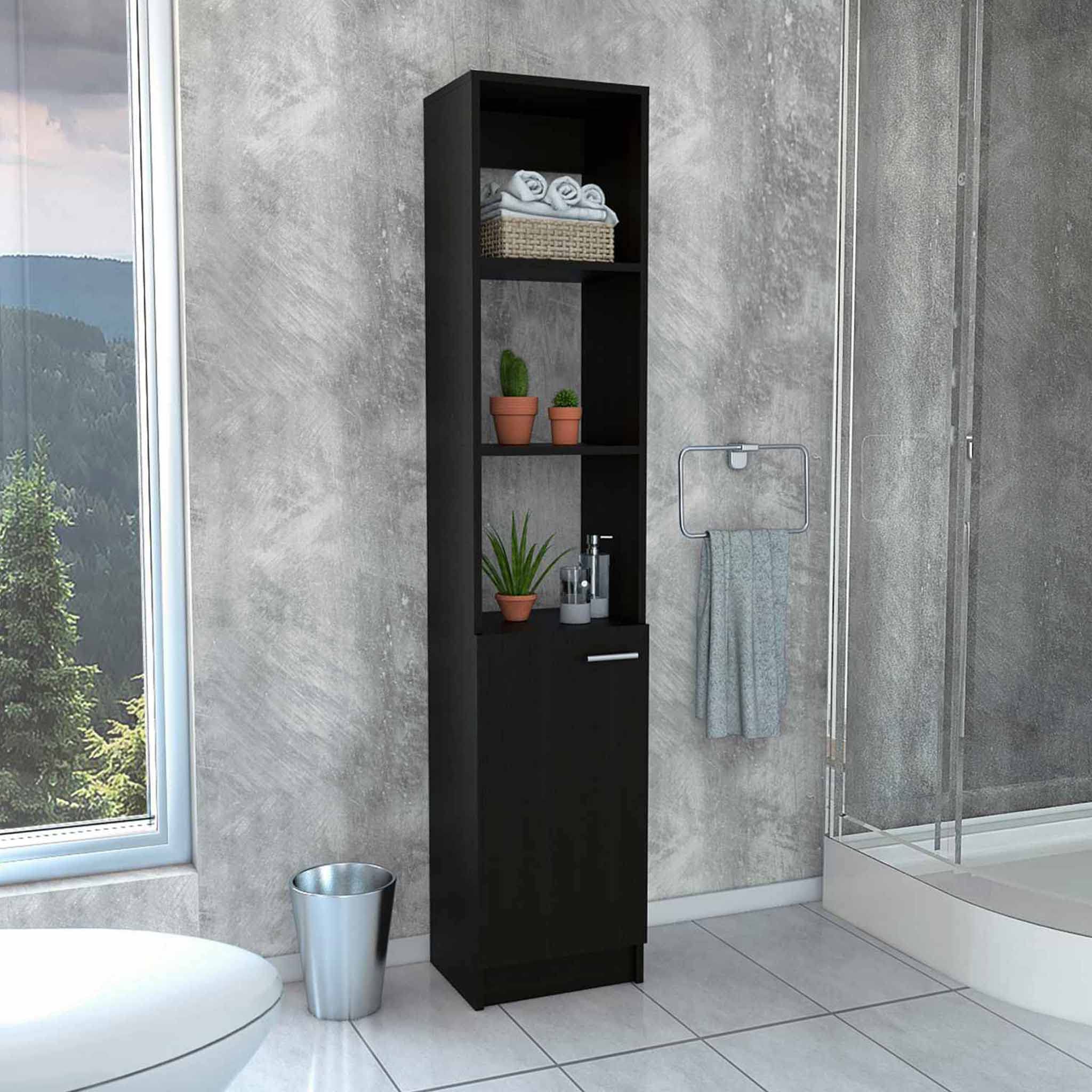 Kansas Black Linen Cabinet with 3 Open Shelves & 2 Inner Shelves - Modern Storage for Bedroom, Bathroom or Entryway Organization