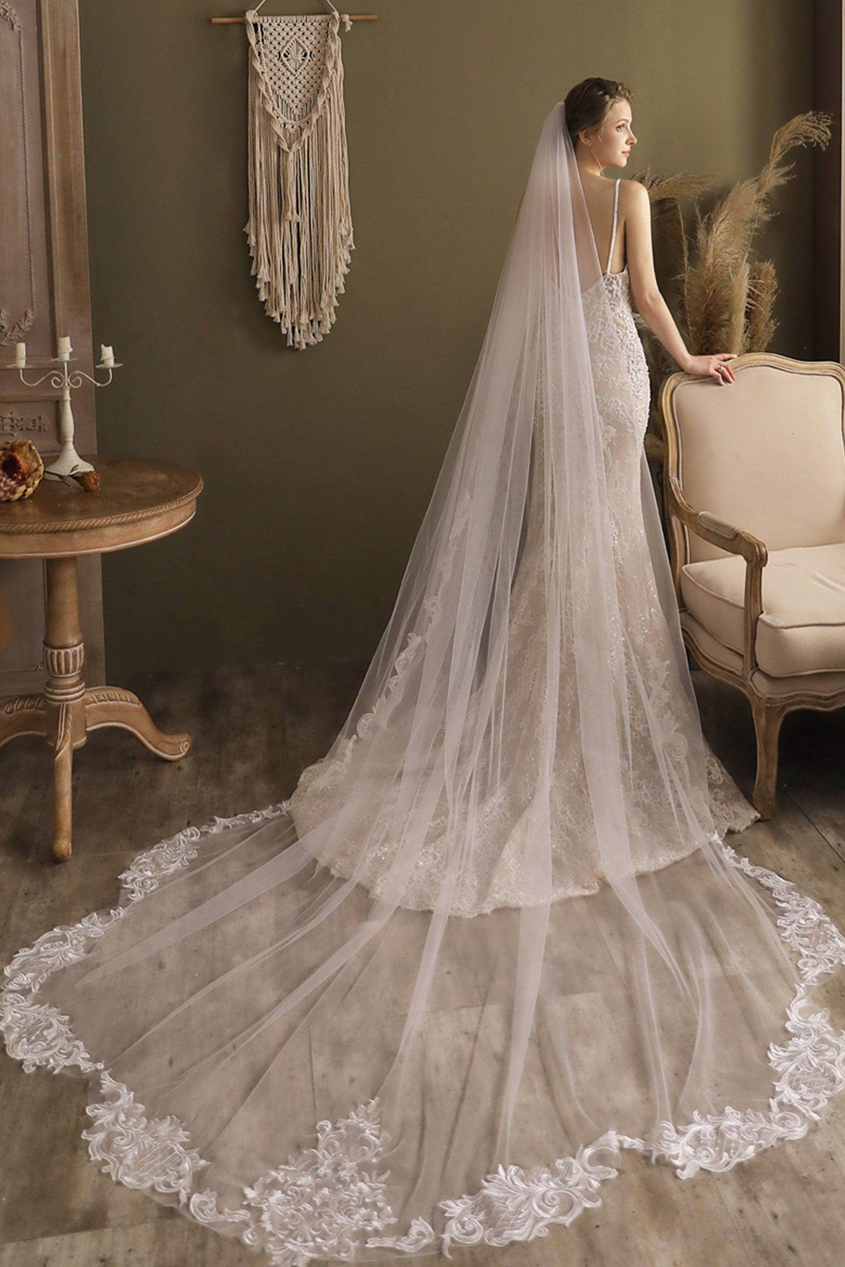 Elegant One-Tier Lace Edge Tulle Cathedral Wedding Veil with Appliques (CV0269) - Perfect for Bridal Gowns, Formal Weddings & Romantic Photo Shoots