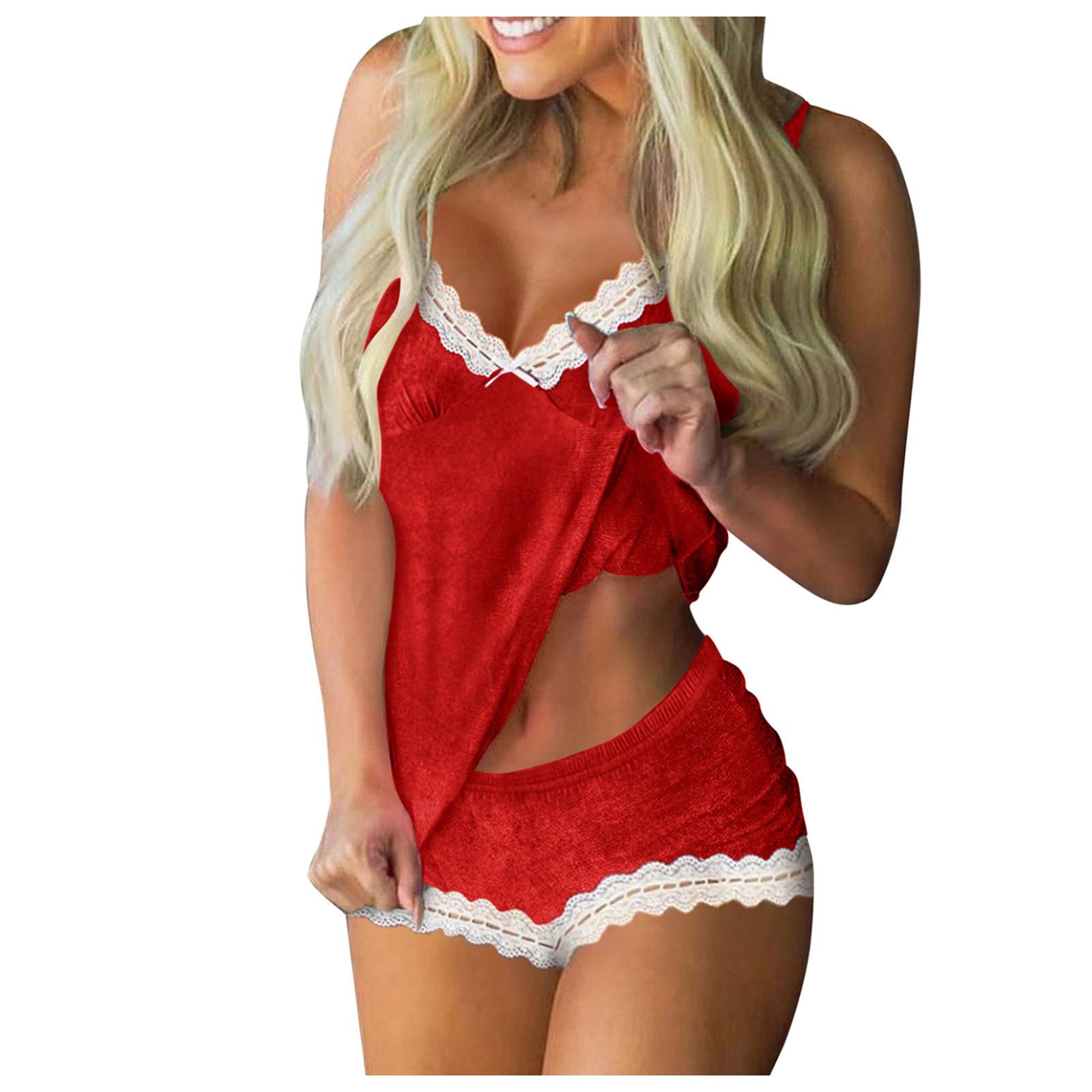 **Women's Cute Lace Trim Cami Pajama Set - 2 Piece Sleepwear Shorts & Spaghetti Strap Top for Lounge, Nightwear & Sexy Lingerie**    *(Perfect for Relaxing at Home, Sleepovers, or Romantic Nights)*