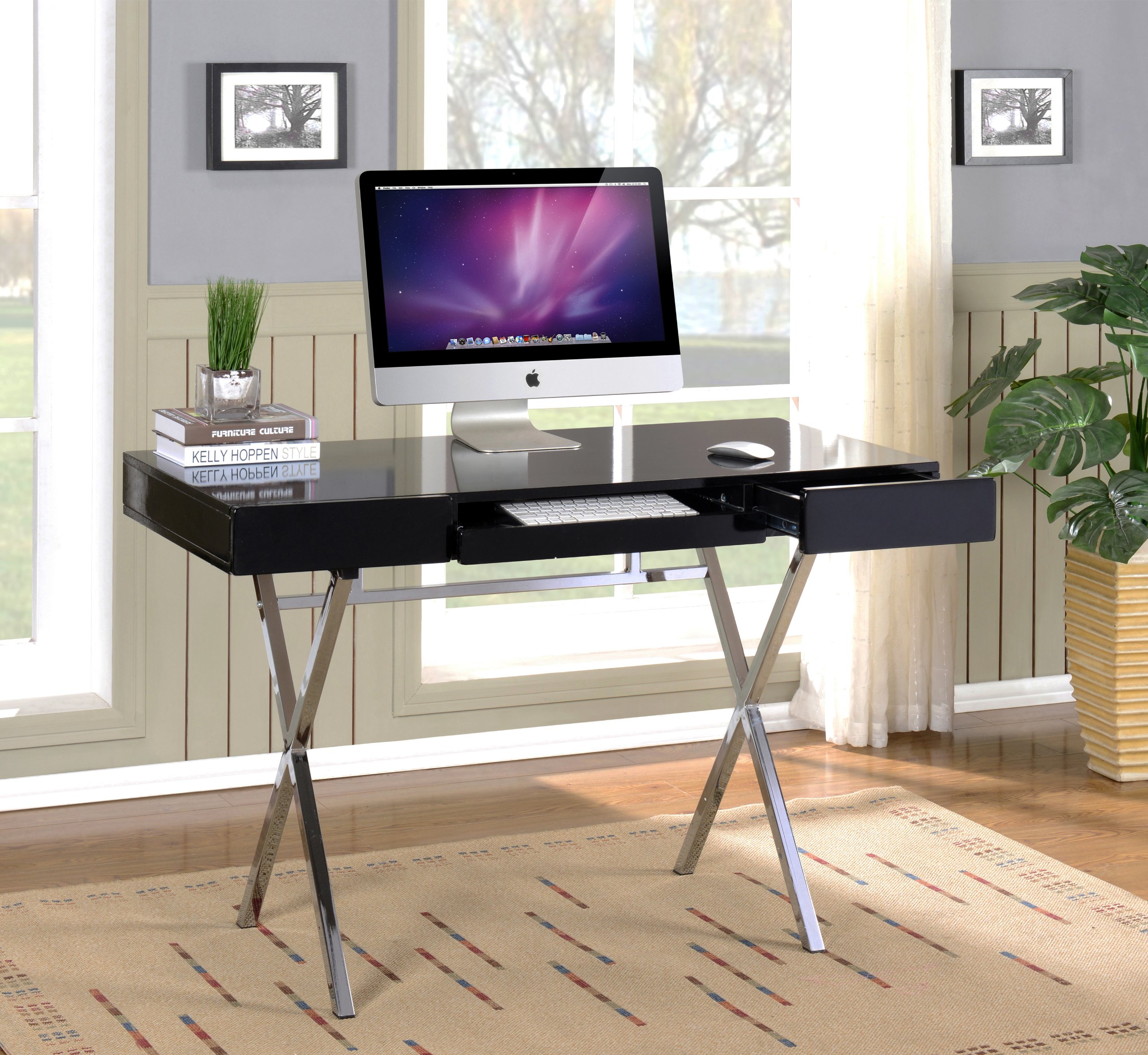 Kings Brand Modern Home & Office Desk - Contemporary Style Black Chrome Writing Desk for Small Spaces, Study & Workstation