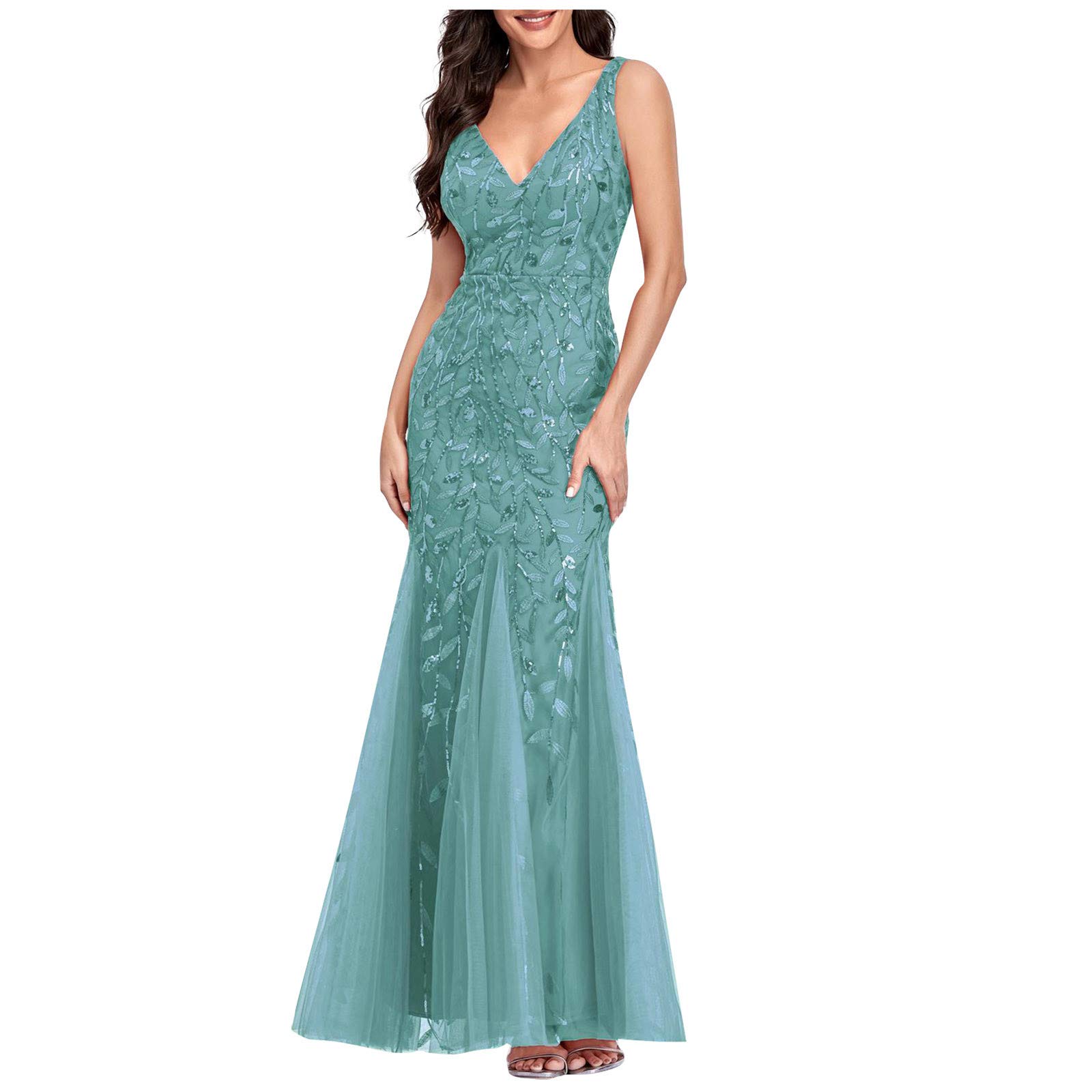 Sexy V-Neck Embroidered Beaded Slim Fishtail Evening Dress for Women - Wedding Guest, Cocktail Party & Special Occasion Wear