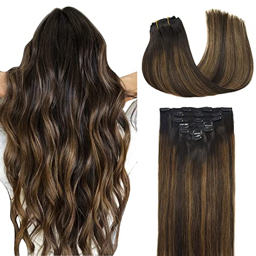 DOORES 22 Inch Remy Human Hair Extensions Clip in 7pcs - Dark Brown to Chestnut Balayage Straight Hair Weft (120g) for Thick Natural Look | Perfect for Daily Styling, Parties & Special Occasions