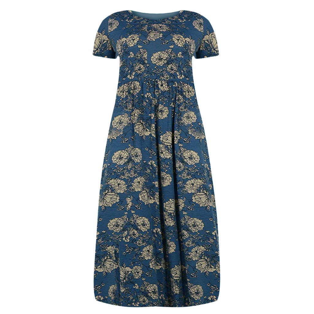 Women's Plus Size O-Neck Sleeve Dress with Pockets & Printing - Long/Short Maxi Dresses for Casual Wear, Office & Special Occasions