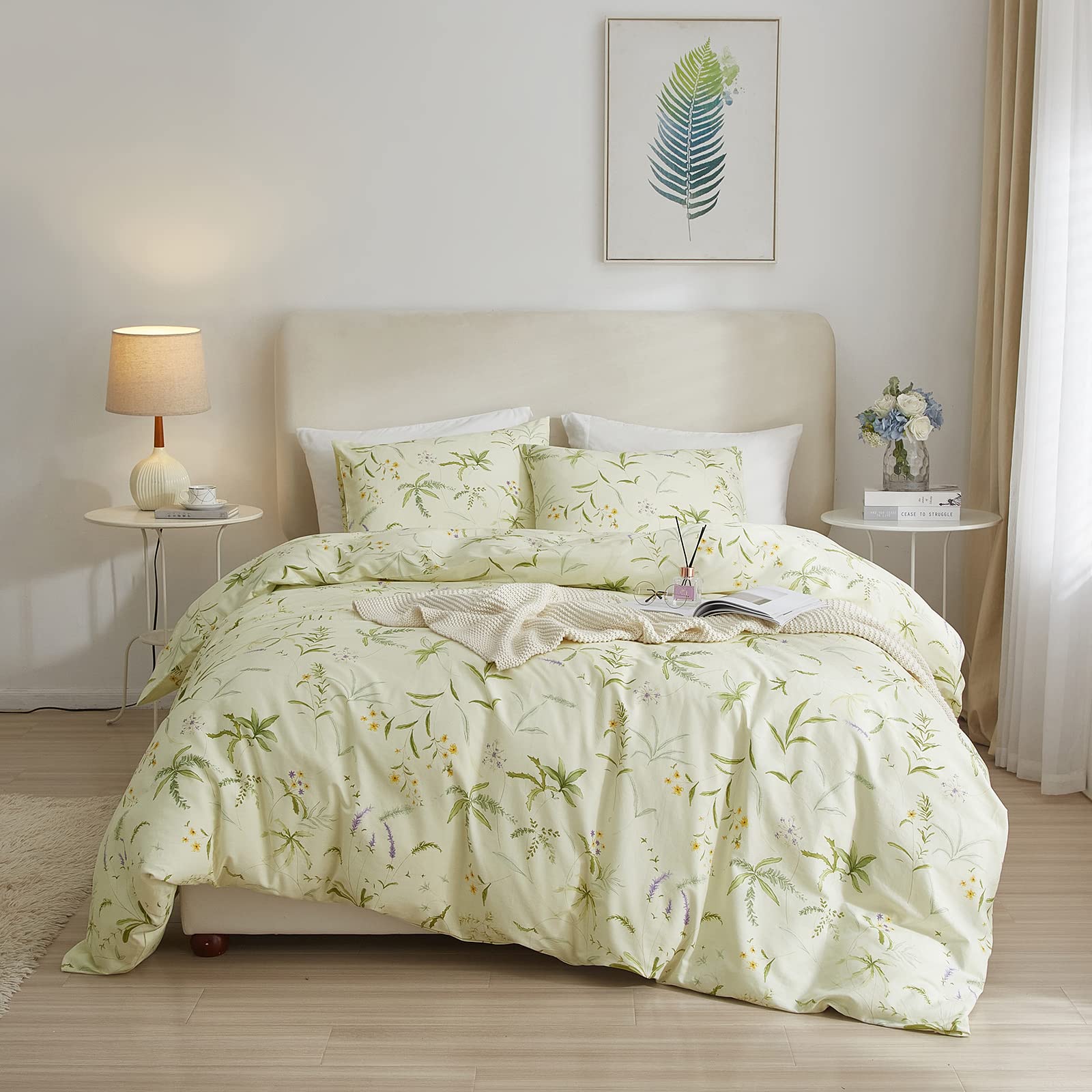 AOJIM 100% Cotton Duvet Cover Set - King Size Floral Comforter Cover with Fresh Green Aesthetic Design | 3-Piece Bedding Set for Cozy & Stylish Bedroom Decor (Duvet Not Included)