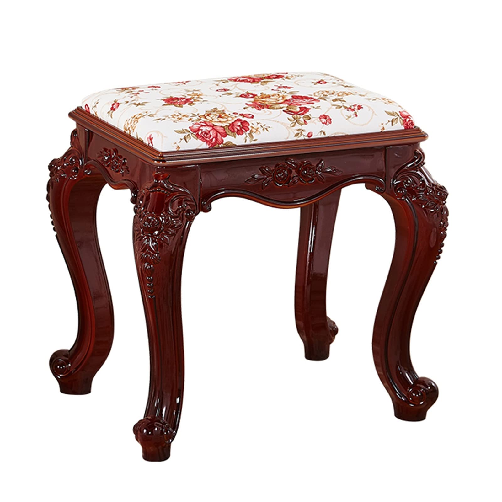 European Style Vanity Stool with Padded Seat - Floral Upholstered Makeup Chair for Bathroom, Dressing Room & Bedroom - Small Size Elegant Piano Bench for Home Decor & Beauty Routine