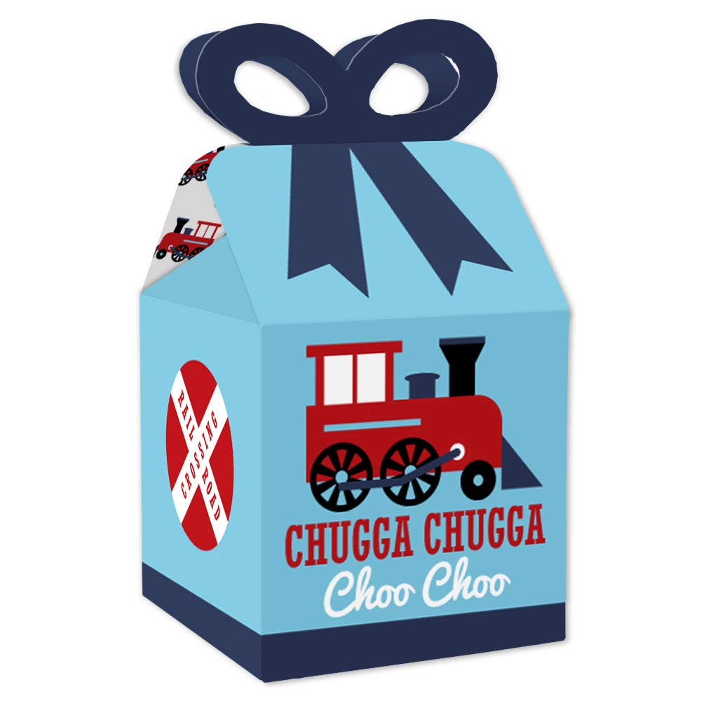 Big Dot of Happiness Railroad Party Crossing Favor Gift Boxes - Set of 12 Square Steam Train Themed Boxes for Birthday Parties, Baby Showers & Bridal Showers - Perfect for Party Favors, Candy, Small Gifts & Decorations