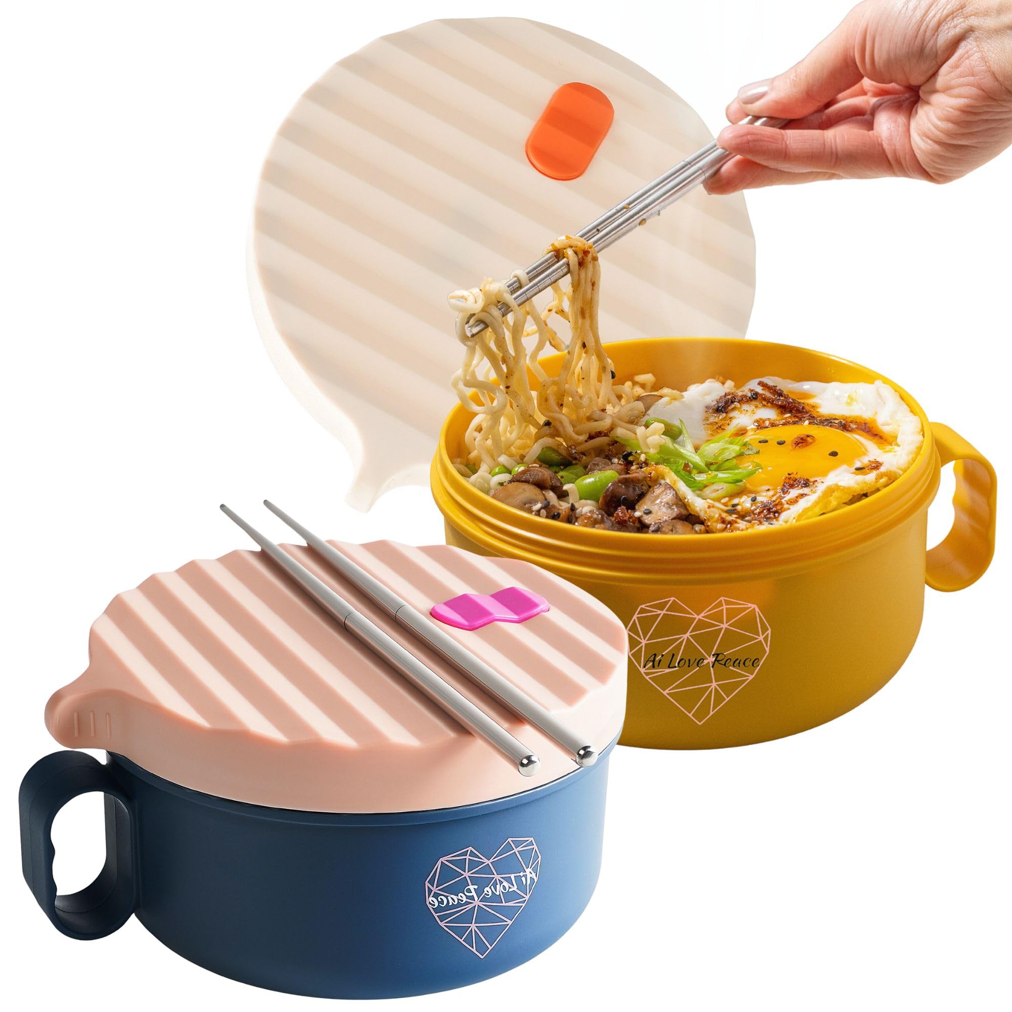 AI LOVE PEACE 40oz Large Microwave Ramen Bowl with Lid - BPA-Free Noodle Cooker for Home, Office & Dorm - Perfect for Instant Ramen, Soup, Pasta & College Gifts (Portable & Microwavable)