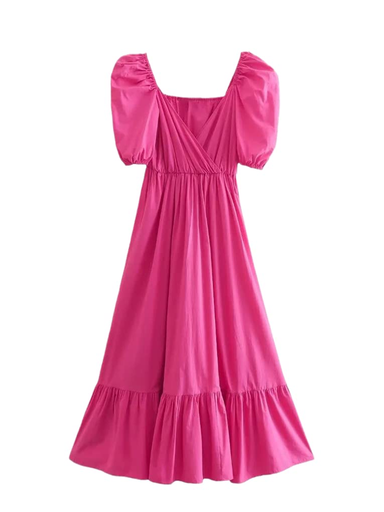Elegant Women's Midi Dress with V-Neck, Puff Sleeves & Ruffled Hem - Casual Summer Dress for Beach, Party & Daily Wear