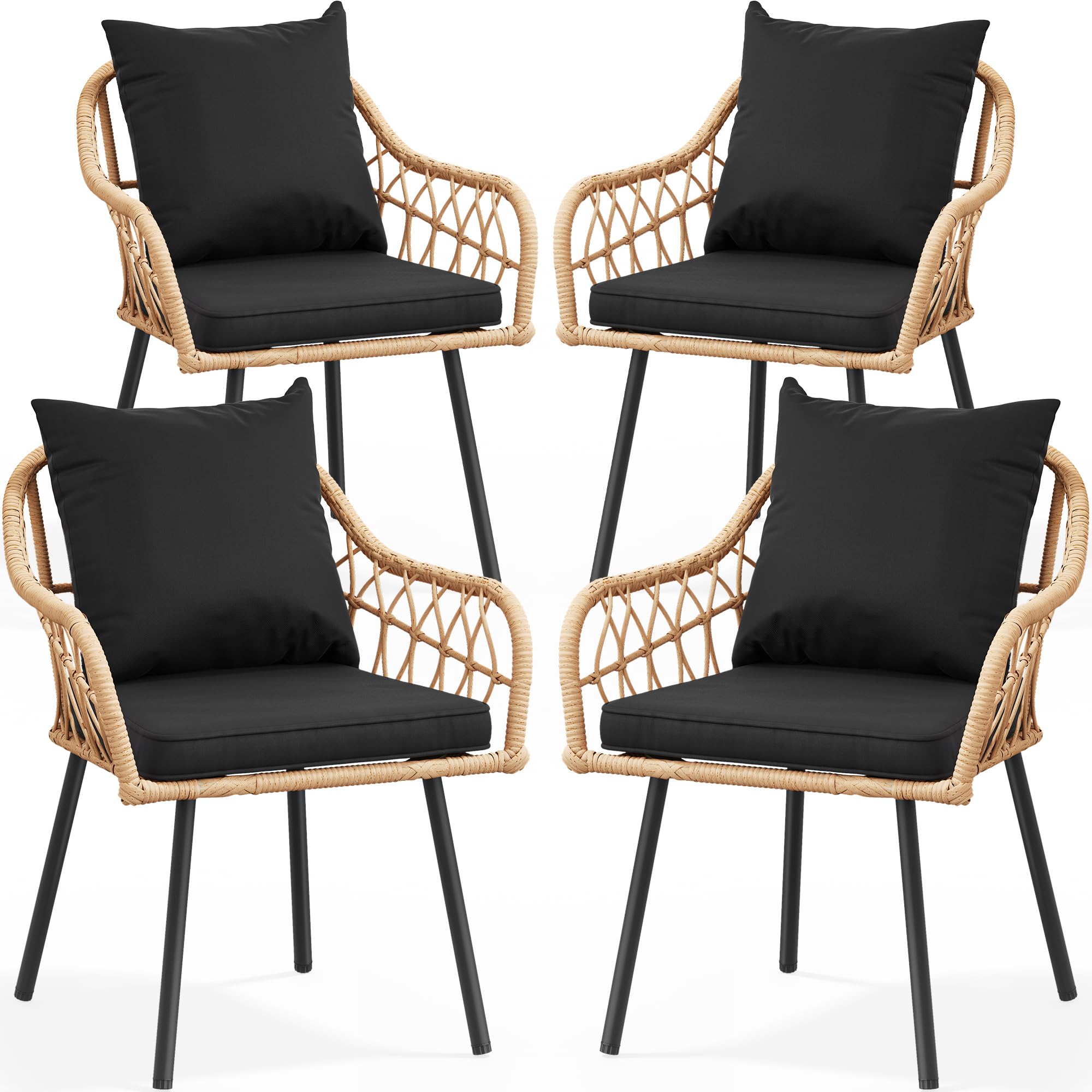 YITAHOME 4-Piece Patio Chairs Set, All-Weather Wicker Outdoor Dining Chairs with Comfortable Cushions, Light Brown & Black Rattan Conversation Chairs for Backyard, Deck, Garden, and Poolside Relaxation