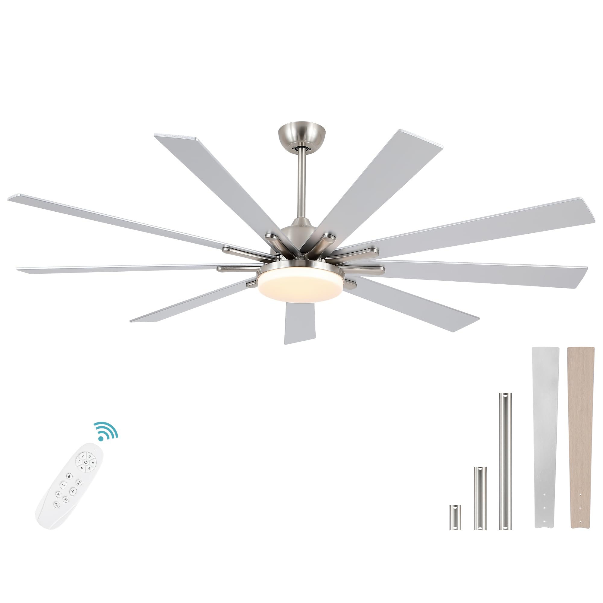 72 Inch Ceiling Fan with Light and Remote - 9 Wooden Blades, 6 Speeds & Quiet 3 CCT - Brushed Nickel Finish for Kitchen, Living Room, Bedroom or Outdoor Patio - Perfect for Cooling Large Spaces with Stylish Lighting