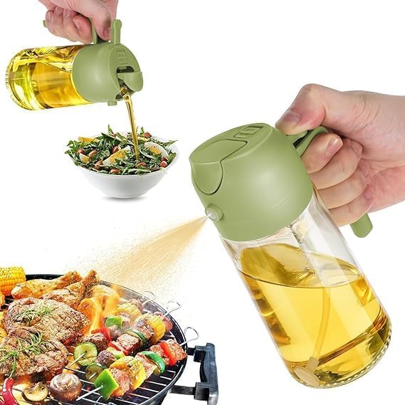 DECRUZ 2-in-1 Glass Oil Spray Bottle with Silicone Brush & Spatula - Kitchen Oil Dispenser for Cooking, Baking, Air Fryer, BBQ, Salad Dressing - Perfect for Healthy Cooking & Meal Prep