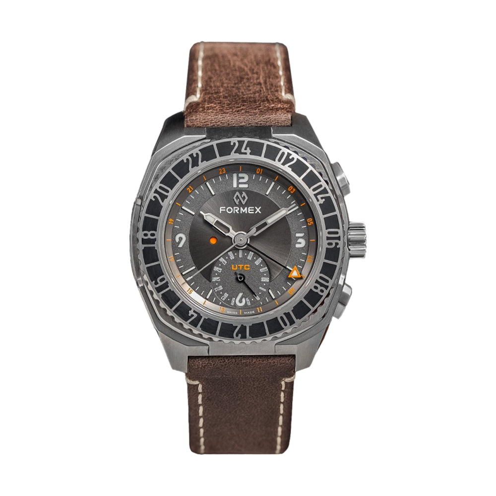Stratos UTC Automatic 41mm Grey Leather Strap Watch for Men - Perfect for Business, Travel & Everyday Wear