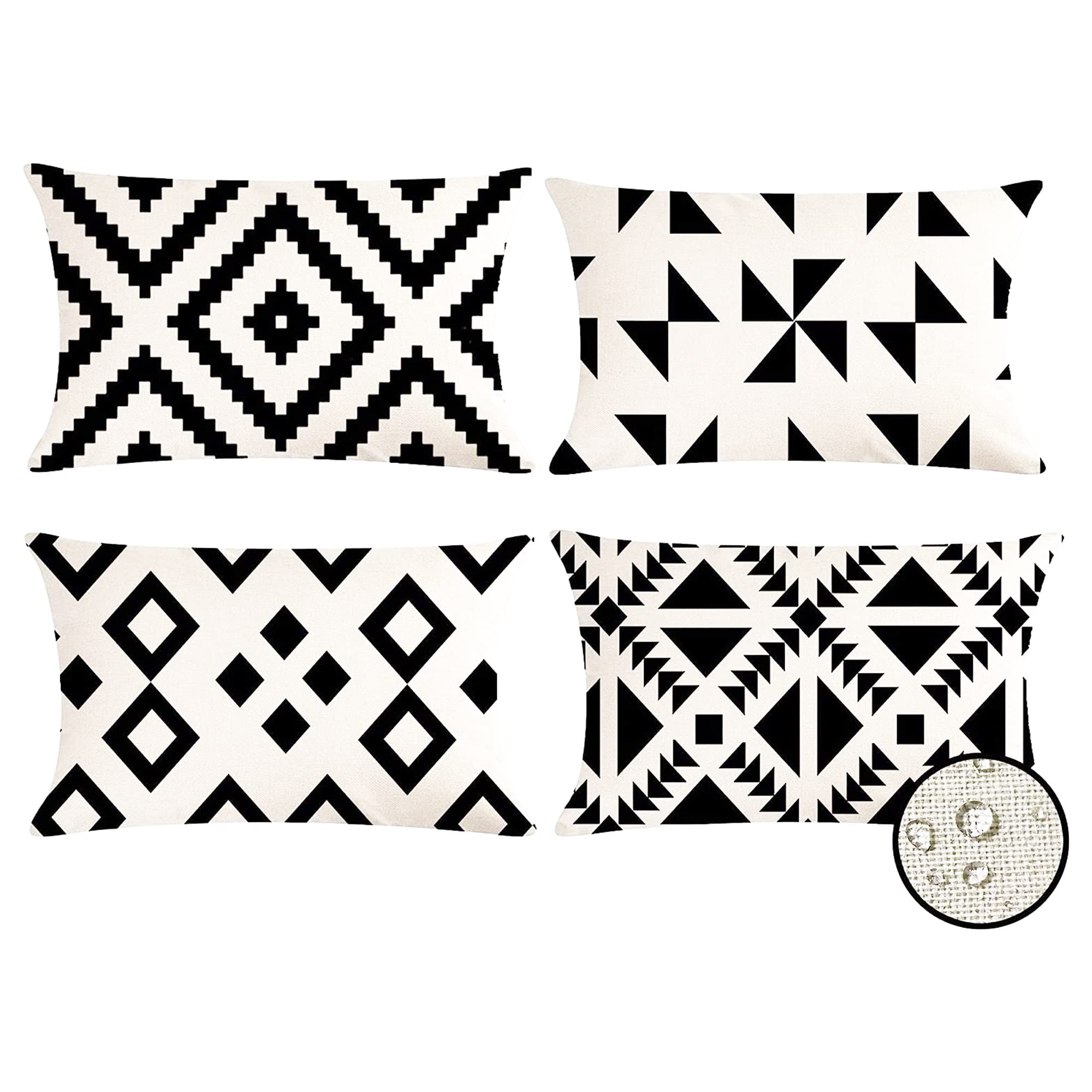 4 Pack Waterproof Boho Aztec Throw Pillow Covers 12x20 Inch - Double Sided Black & White Geometric Modern Decorative Pillow Cases for Indoor Outdoor Sofa, Couch, Patio Furniture - Perfect for Living Room, Garden, Bedroom Decor