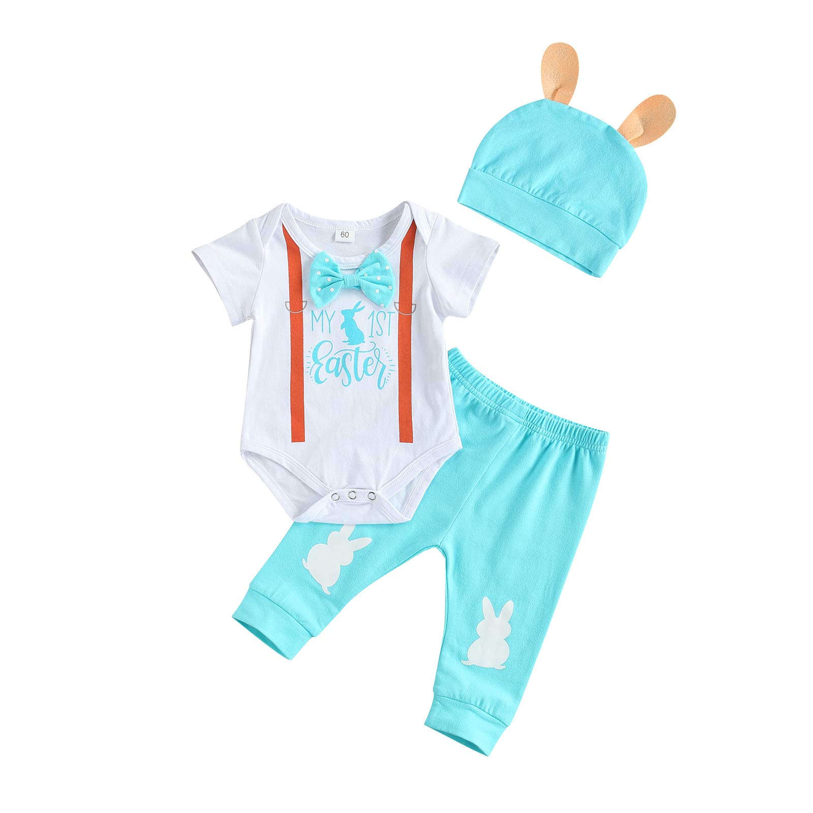 Easter Baby Boy Outfit 3PCS - Bow Tie Romper Set for Infants (Blue, 12-18M) - Perfect for Easter Photos & Parties